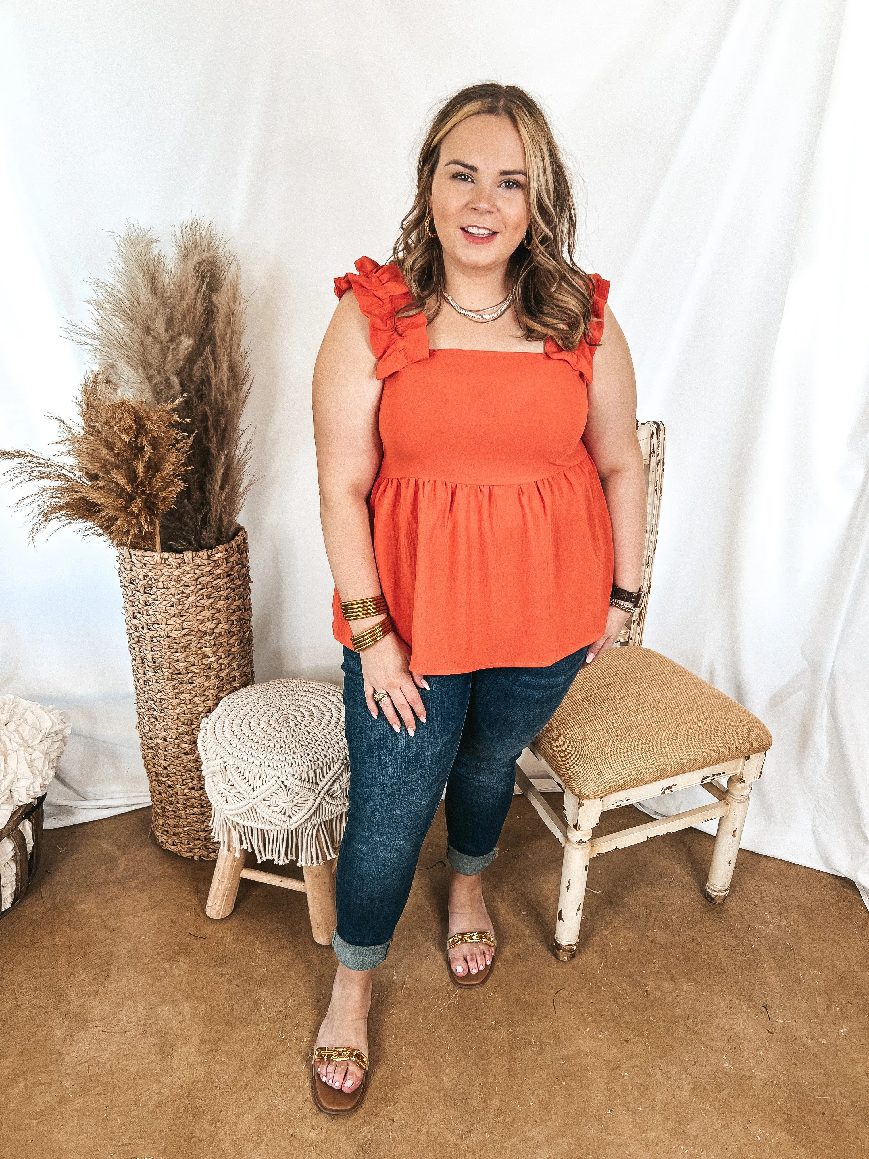 Last Chance Size 3XL | Instant Confidence Ruffle Strap Babydoll Tank Top in Coral Orange