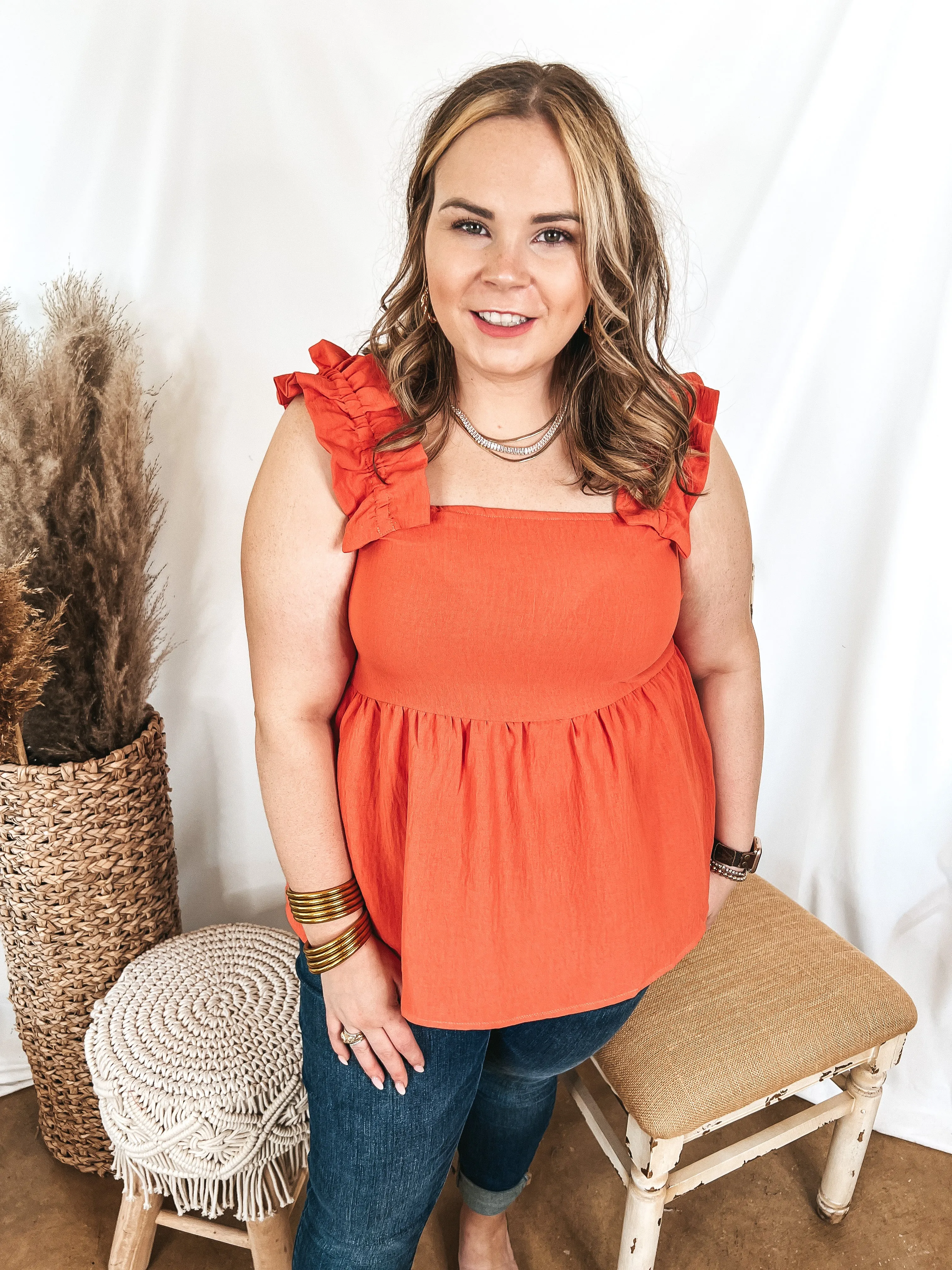 Last Chance Size 3XL | Instant Confidence Ruffle Strap Babydoll Tank Top in Coral Orange