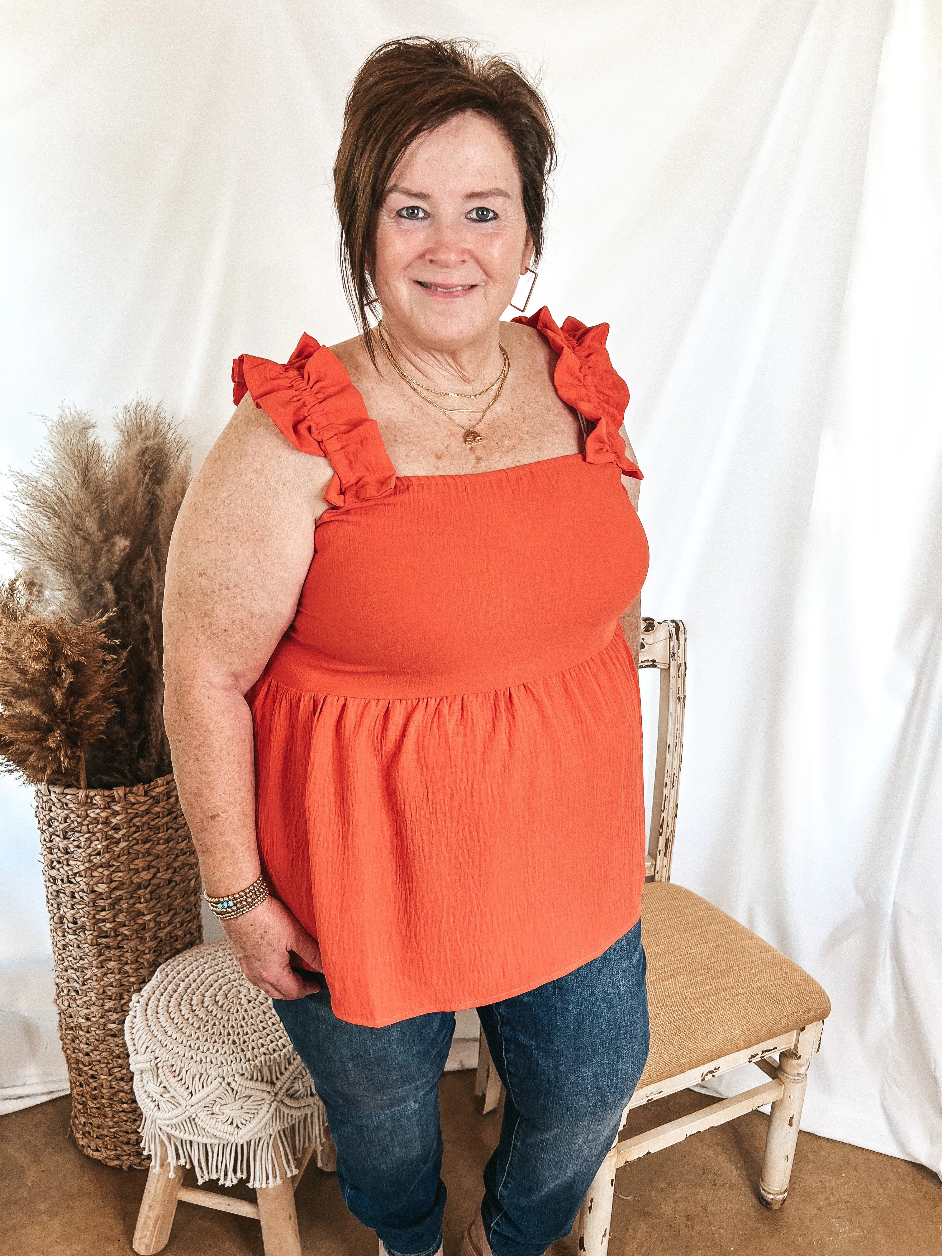 Last Chance Size 3XL | Instant Confidence Ruffle Strap Babydoll Tank Top in Coral Orange