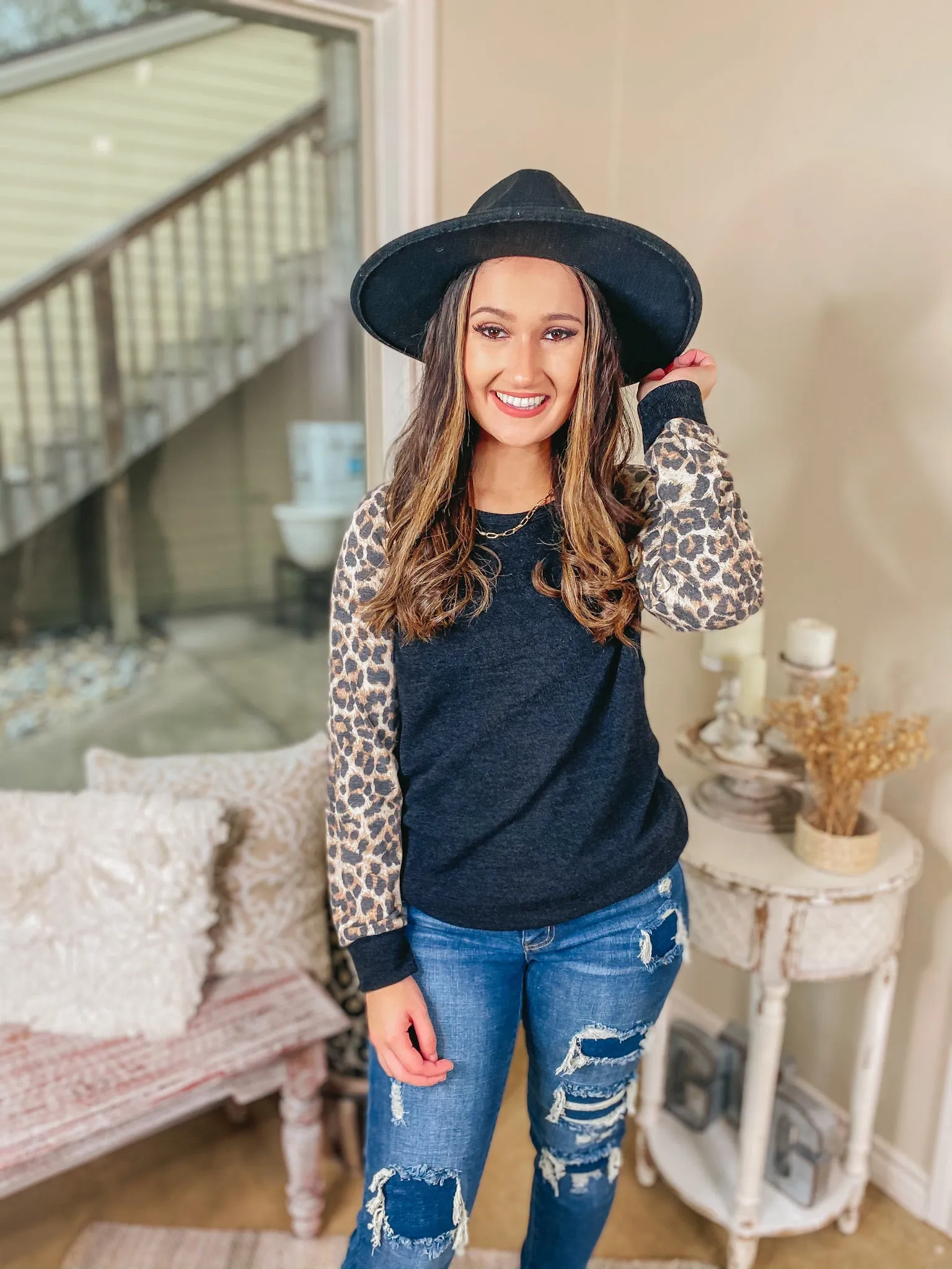 Last Chance Size Small & 2XL | Low Key Loving Leopard Print Long Sleeve Top in Black