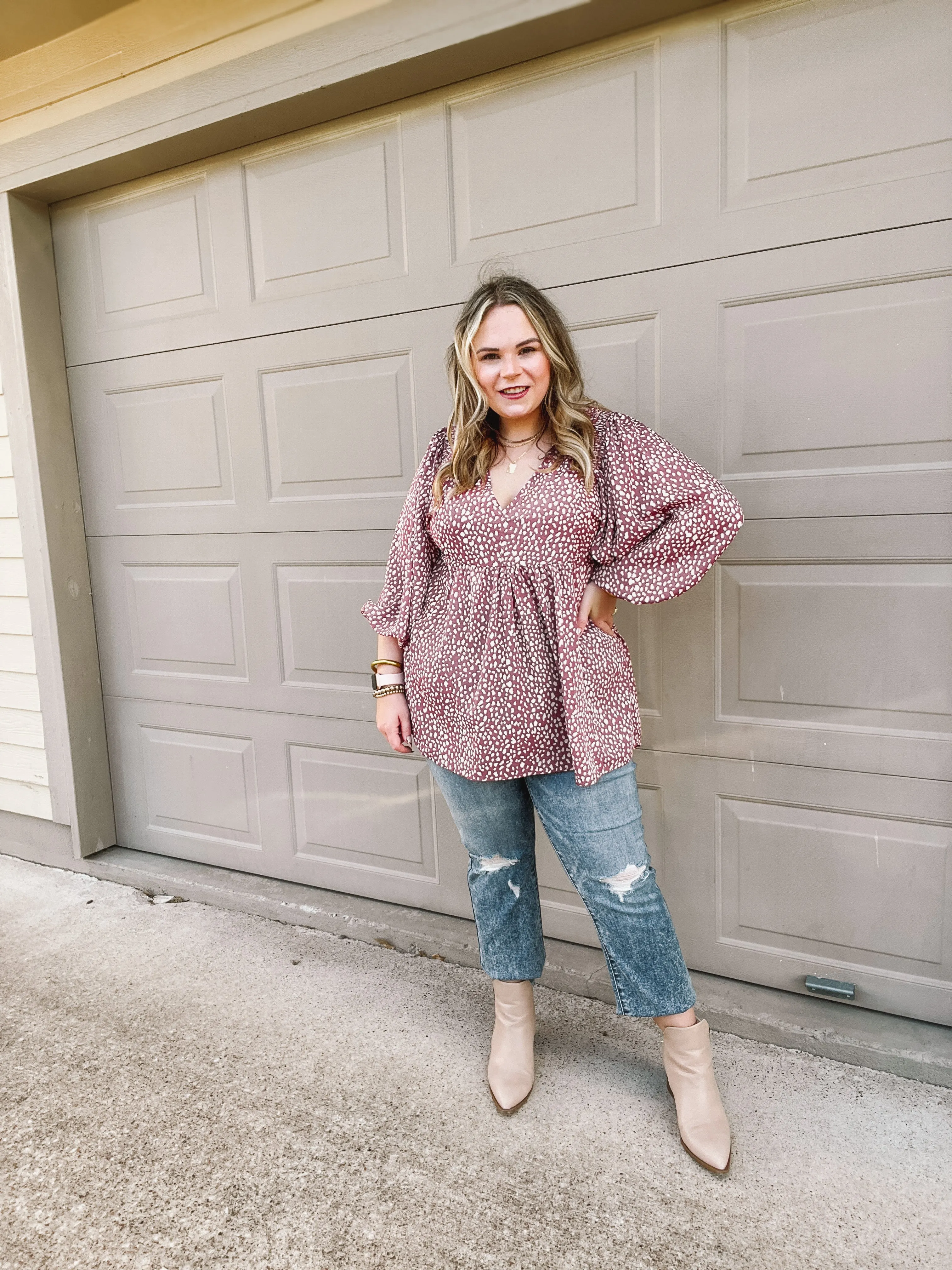 Last Chance Size Small & Medium | Charming Day Dotted Babydoll Top with Ruched Shoulders in Mauve
