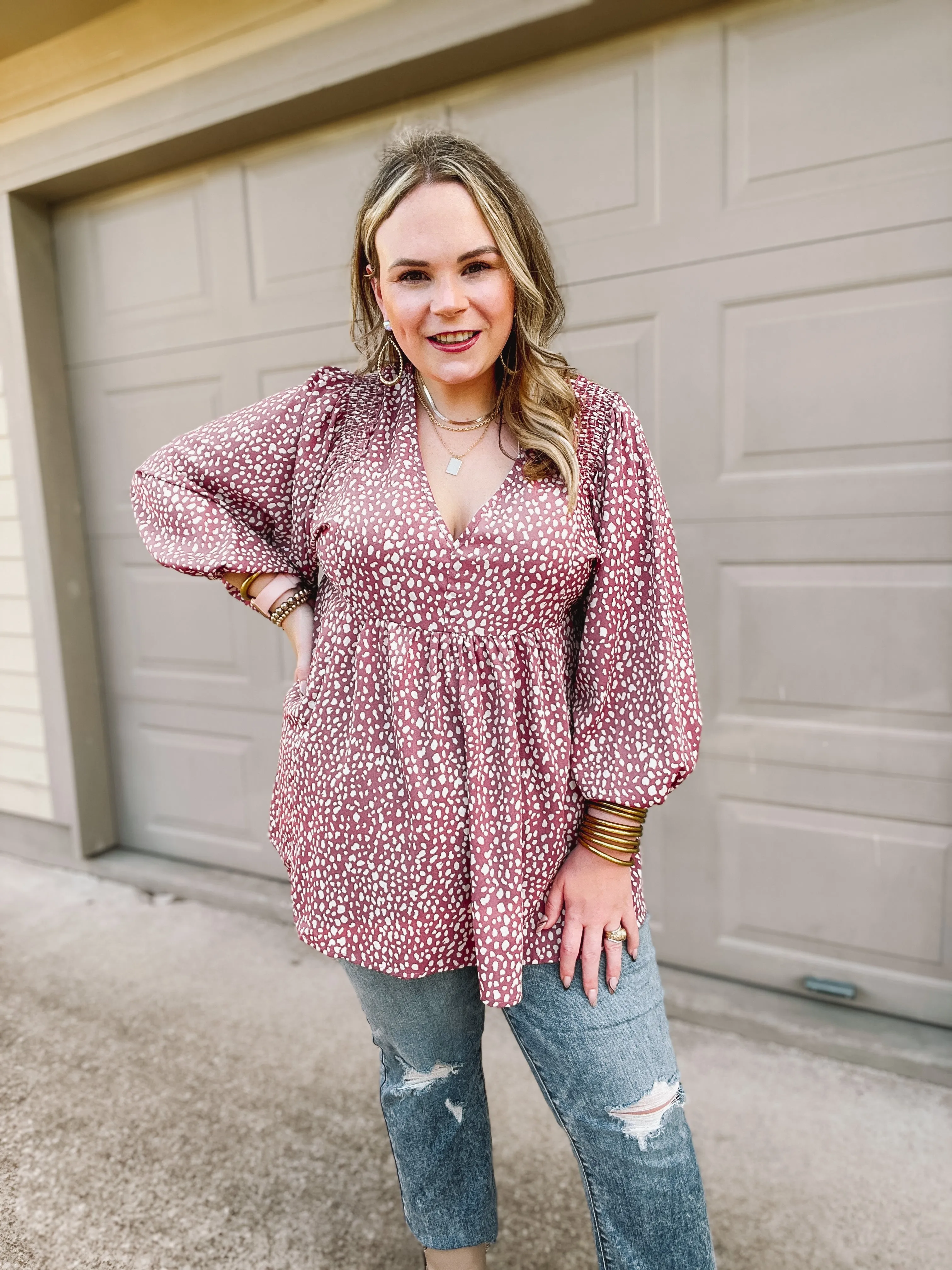 Last Chance Size Small & Medium | Charming Day Dotted Babydoll Top with Ruched Shoulders in Mauve
