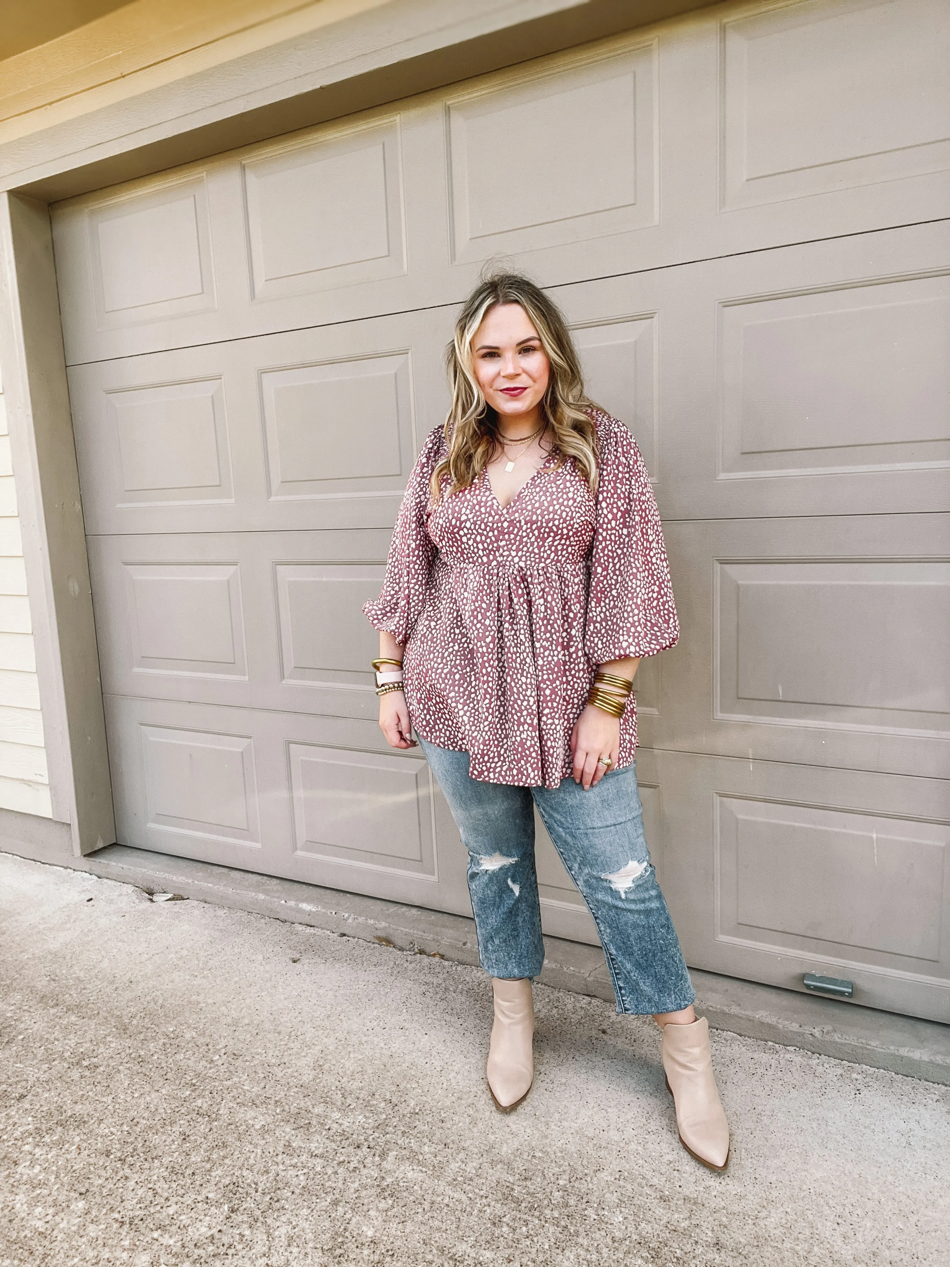 Last Chance Size Small & Medium | Charming Day Dotted Babydoll Top with Ruched Shoulders in Mauve