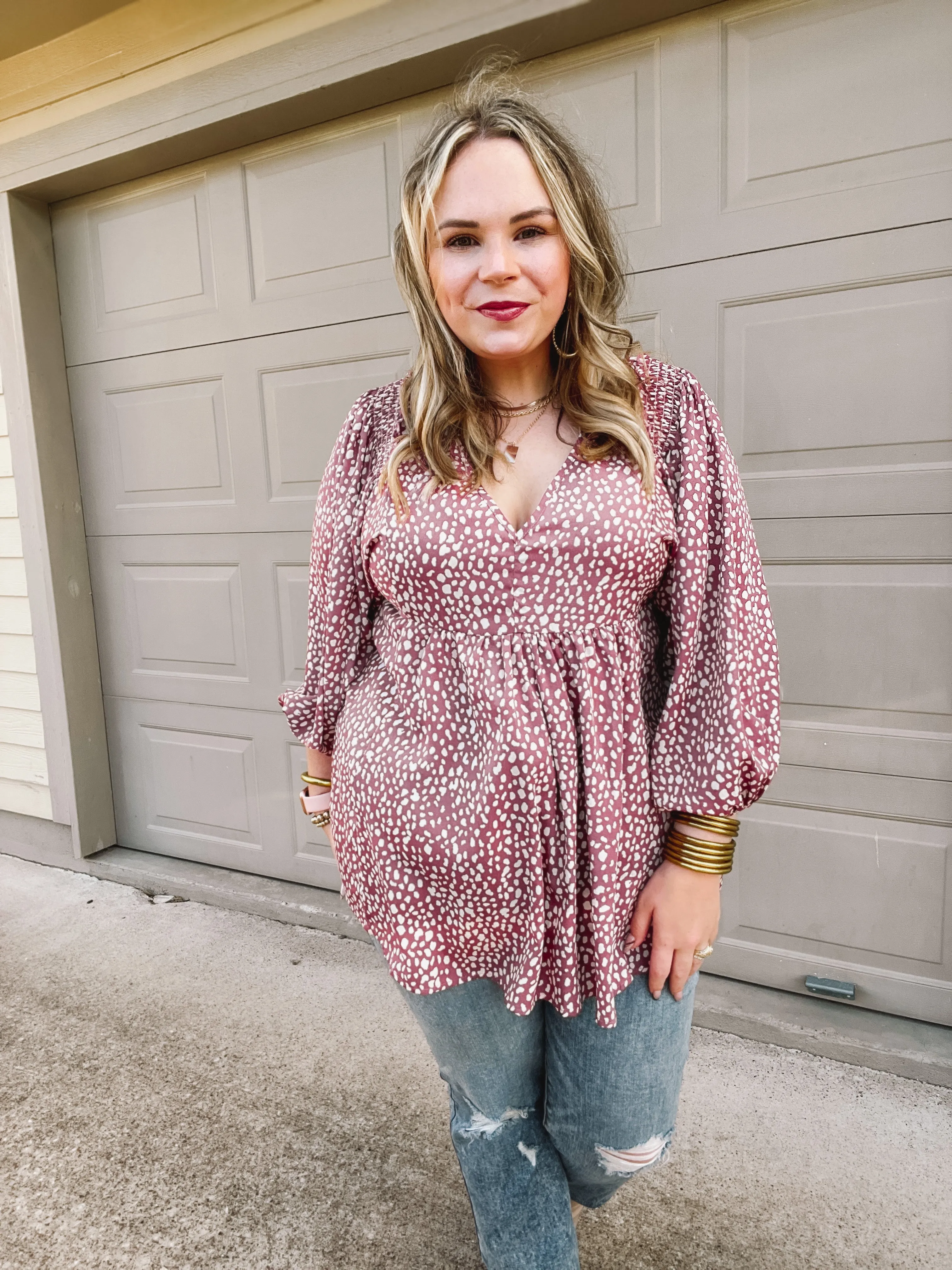 Last Chance Size Small & Medium | Charming Day Dotted Babydoll Top with Ruched Shoulders in Mauve