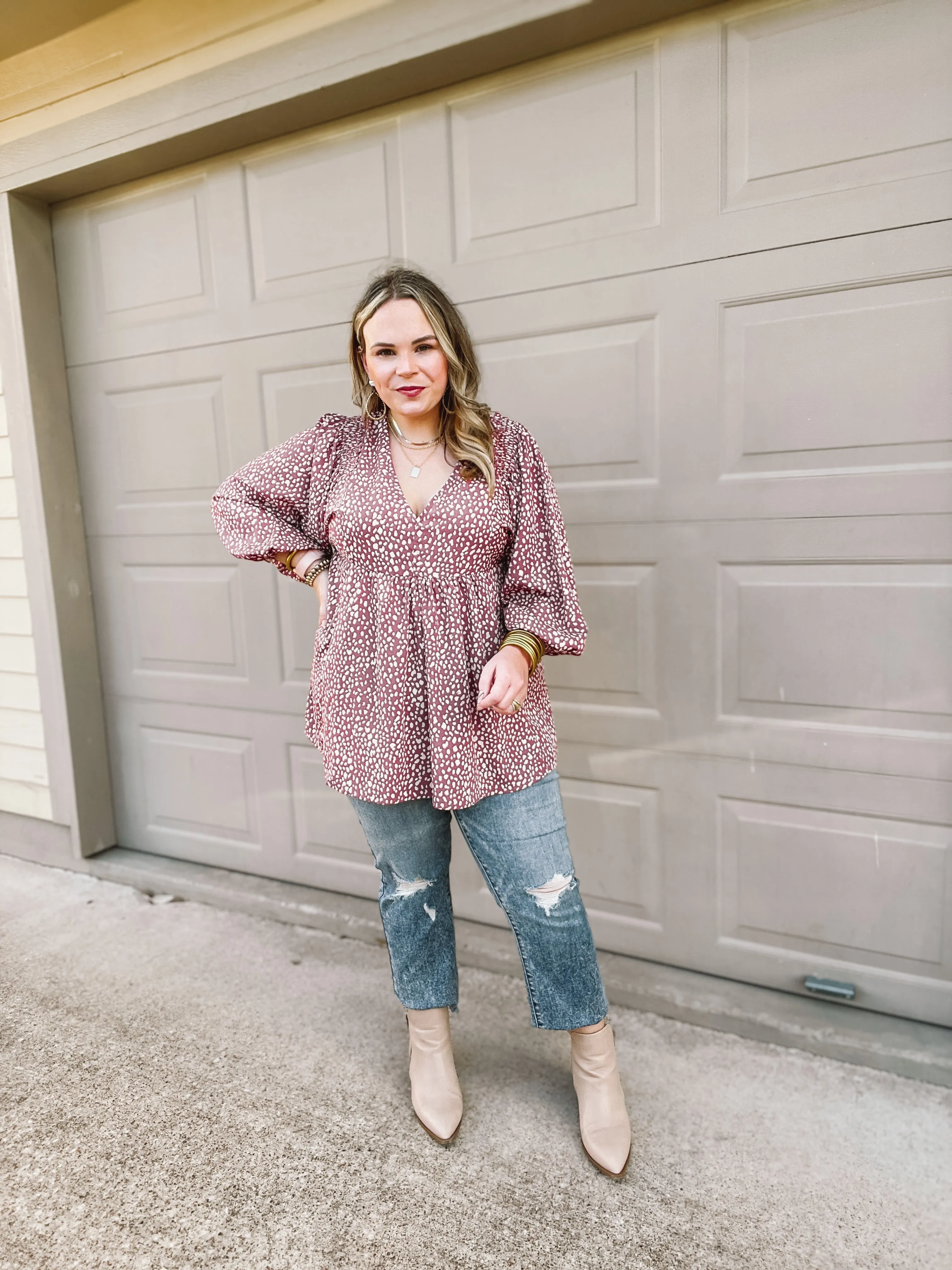 Last Chance Size Small & Medium | Charming Day Dotted Babydoll Top with Ruched Shoulders in Mauve