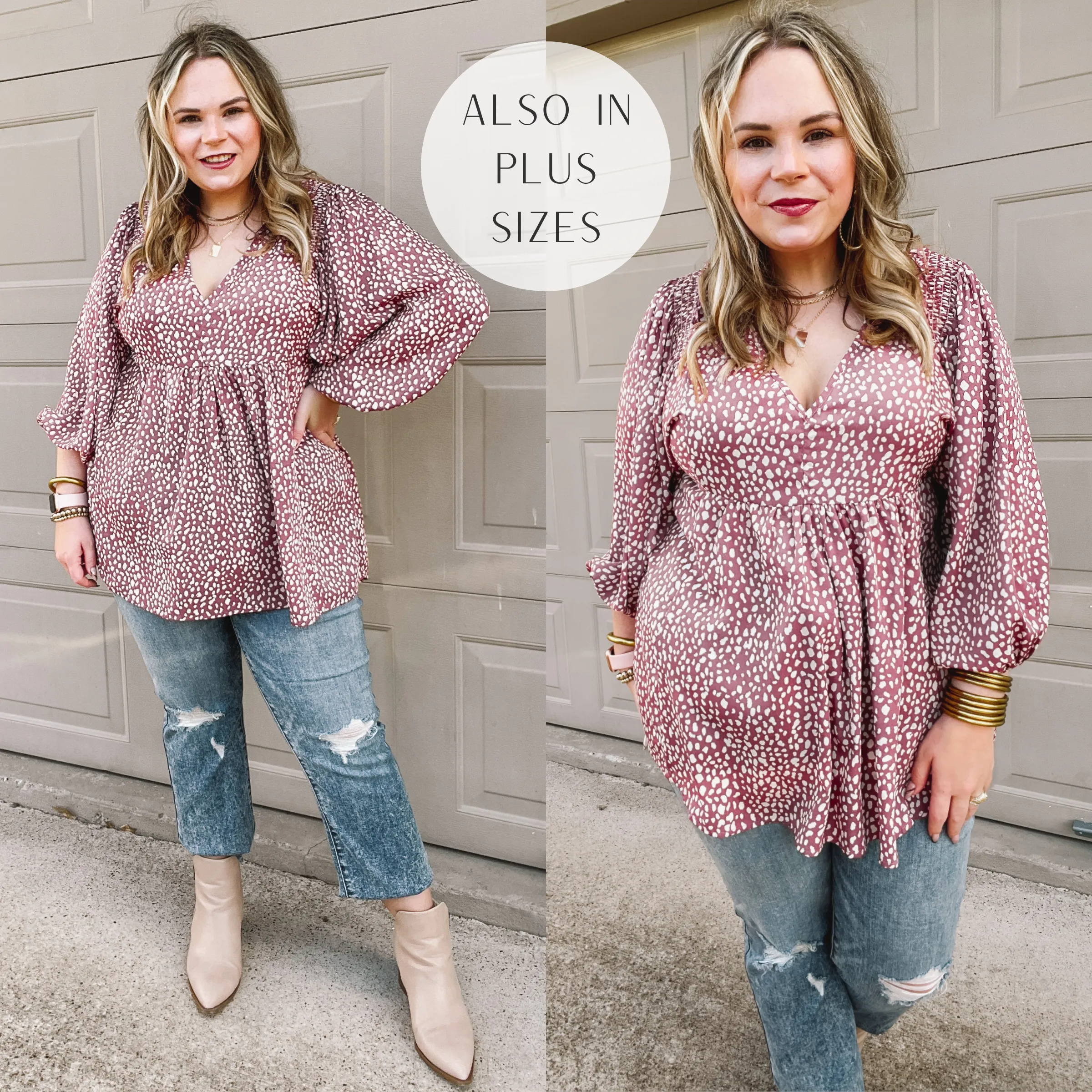 Last Chance Size Small & Medium | Charming Day Dotted Babydoll Top with Ruched Shoulders in Mauve