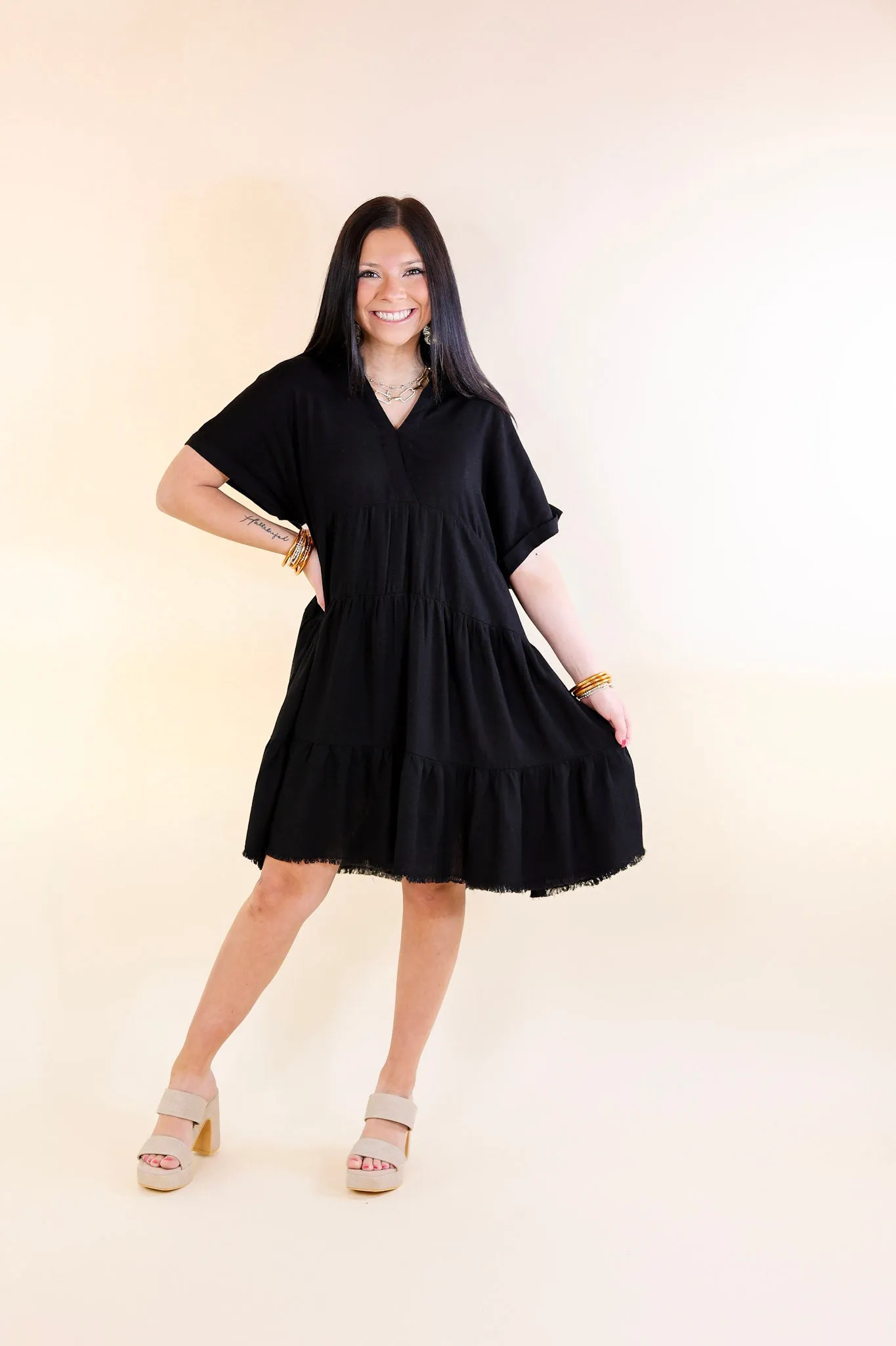 Last Chance Size Small & Medium | Taos Transitions Ruffle Tiered Collared Dress with Frayed Hem in Black