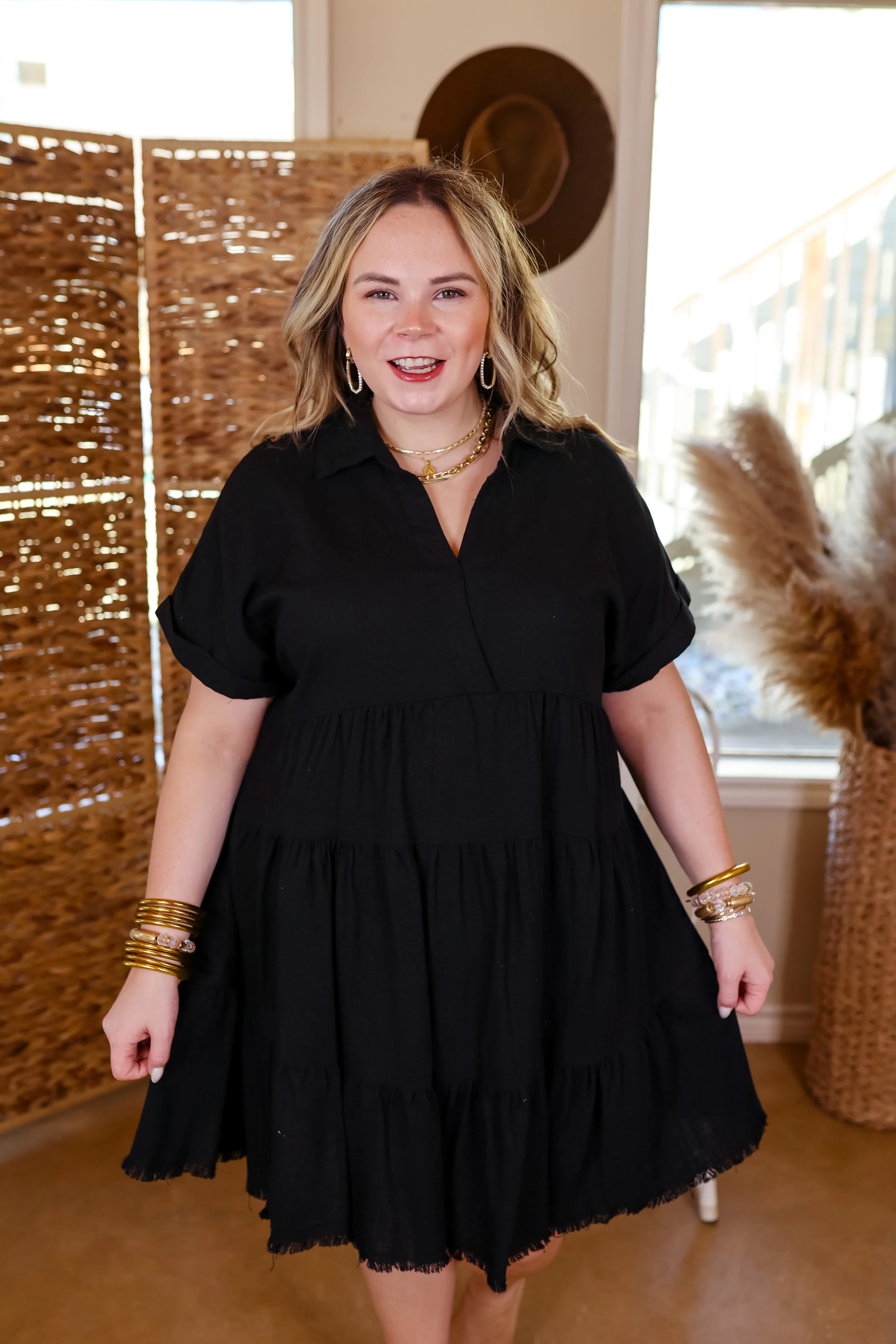 Last Chance Size Small & Medium | Taos Transitions Ruffle Tiered Collared Dress with Frayed Hem in Black