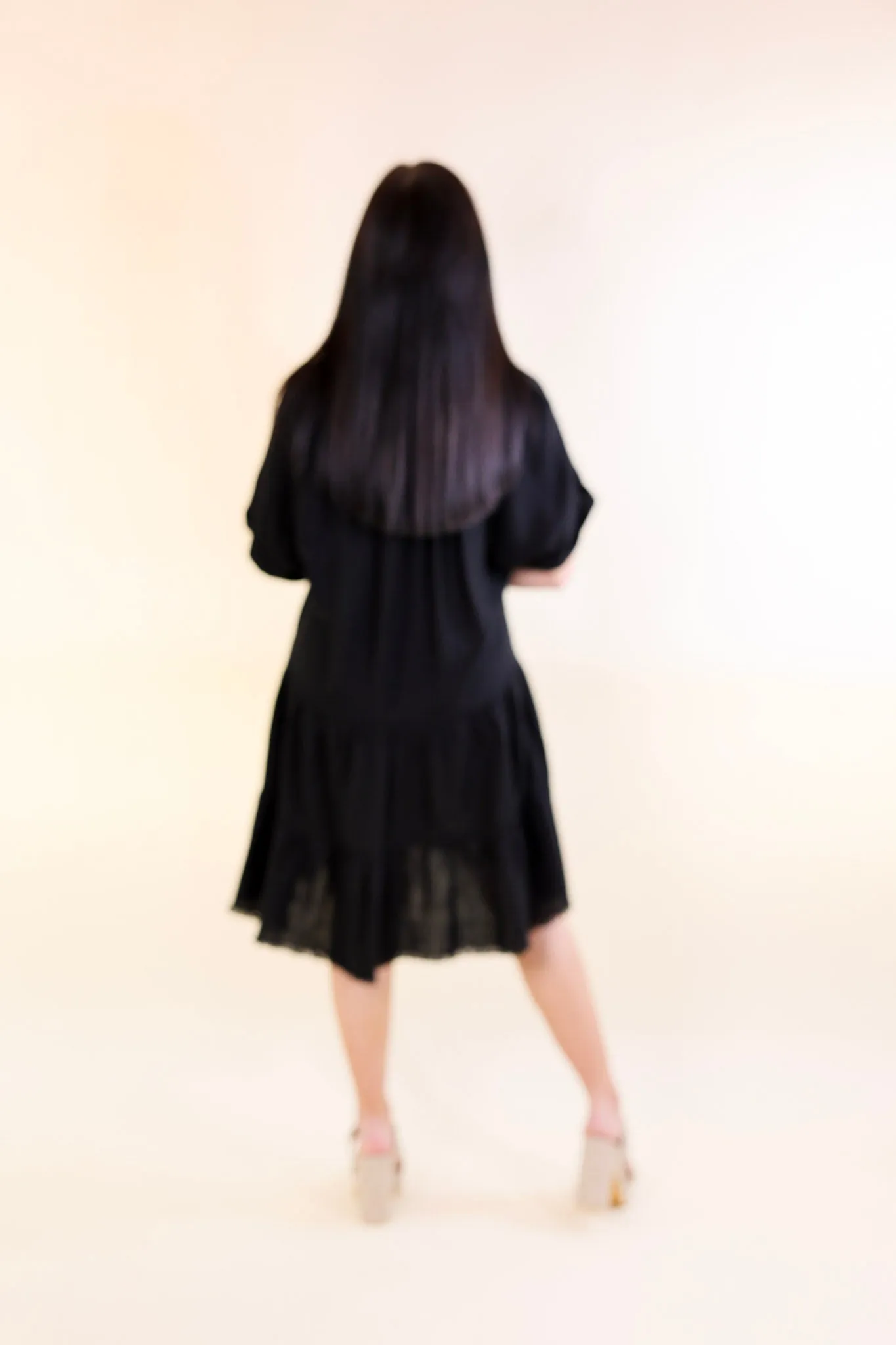 Last Chance Size Small & Medium | Taos Transitions Ruffle Tiered Collared Dress with Frayed Hem in Black