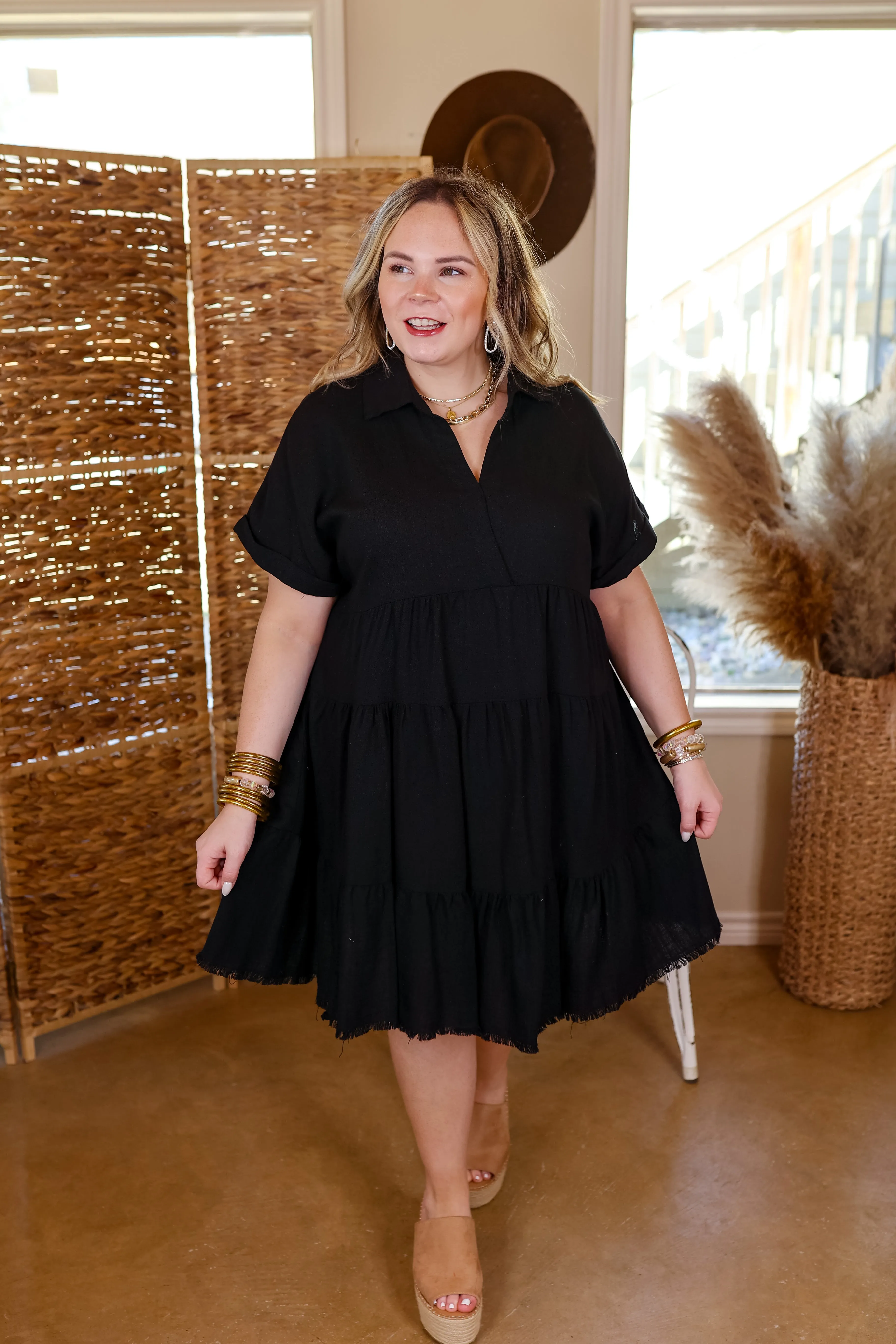 Last Chance Size Small & Medium | Taos Transitions Ruffle Tiered Collared Dress with Frayed Hem in Black