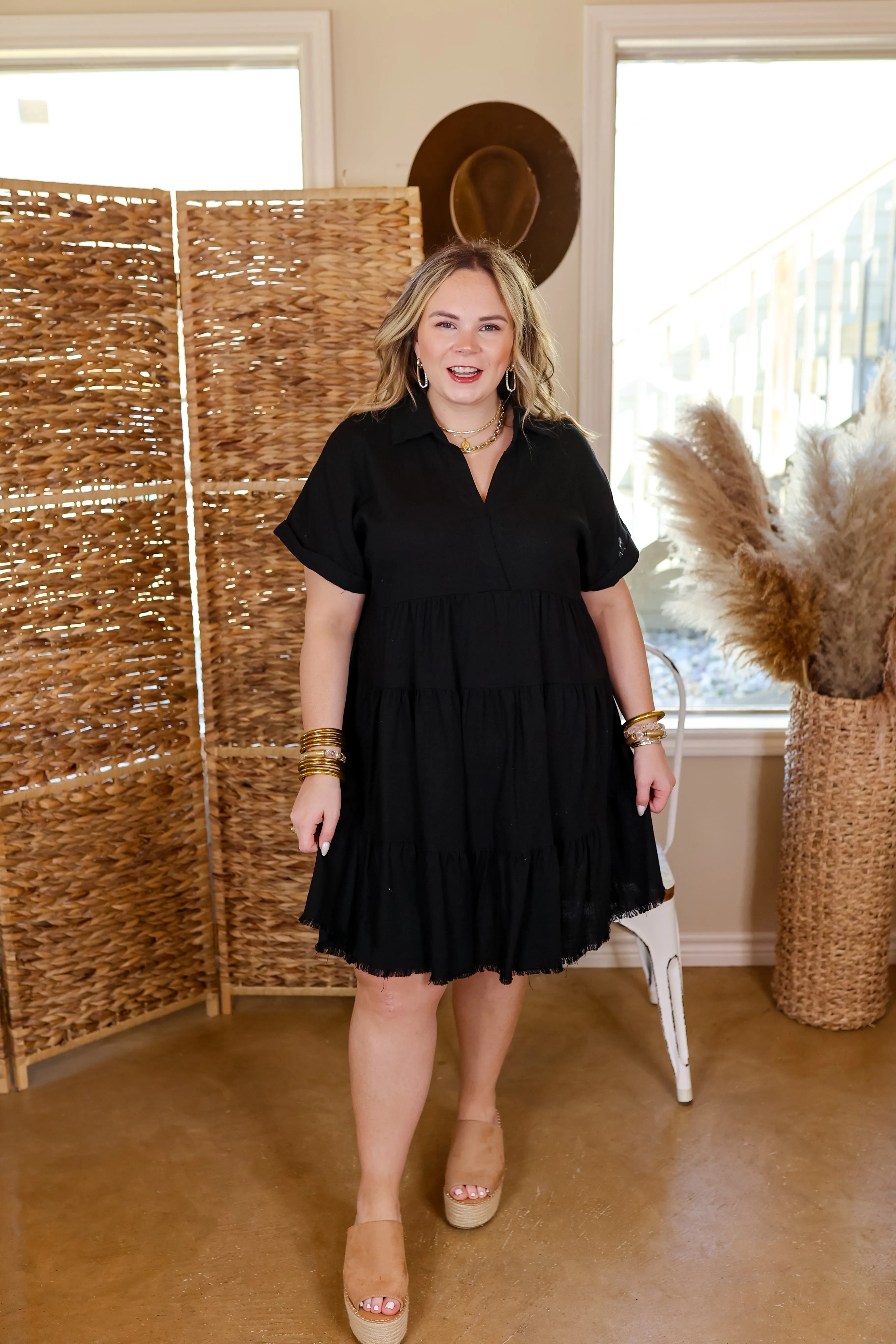 Last Chance Size Small & Medium | Taos Transitions Ruffle Tiered Collared Dress with Frayed Hem in Black