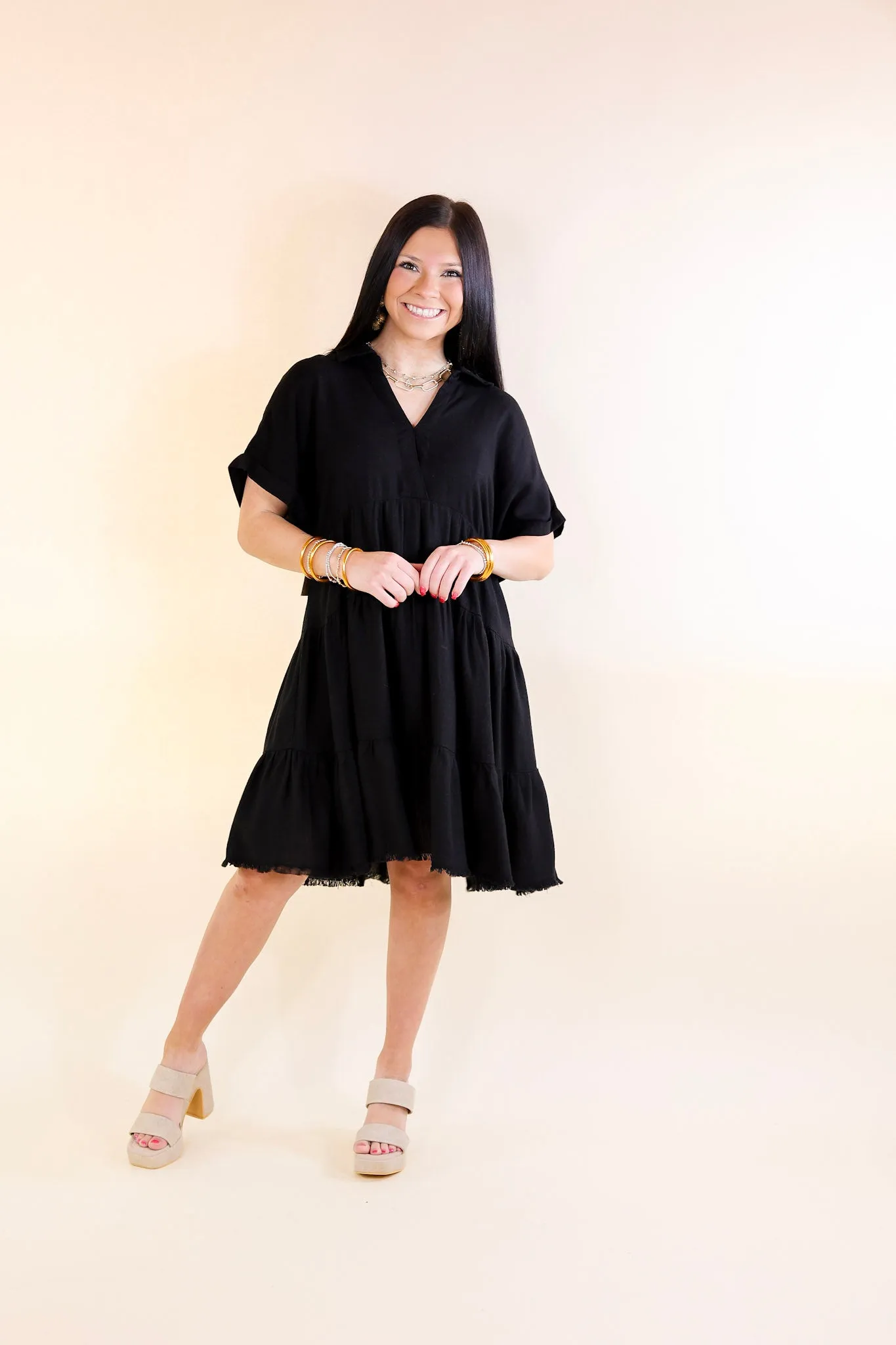 Last Chance Size Small & Medium | Taos Transitions Ruffle Tiered Collared Dress with Frayed Hem in Black