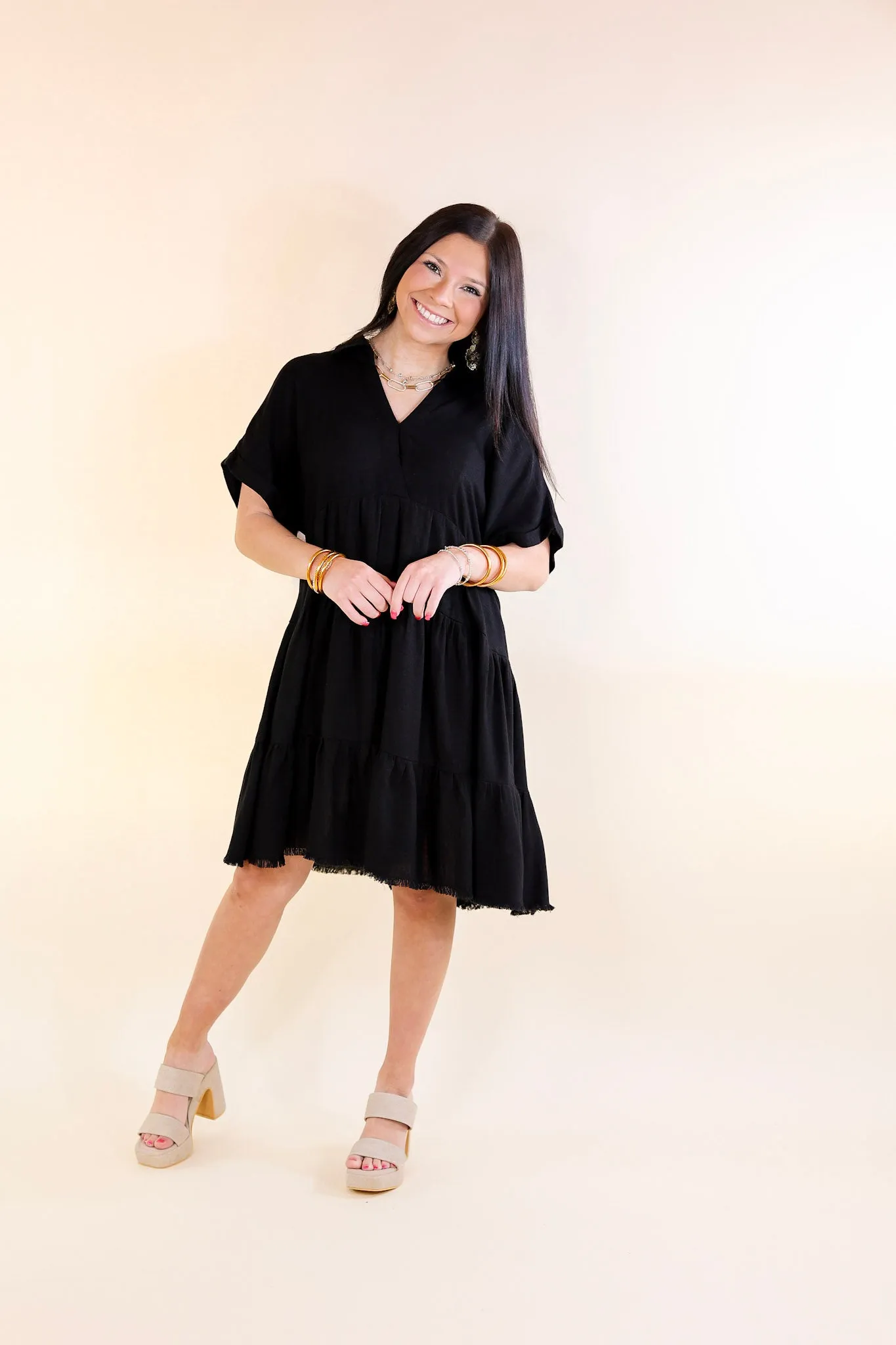 Last Chance Size Small & Medium | Taos Transitions Ruffle Tiered Collared Dress with Frayed Hem in Black