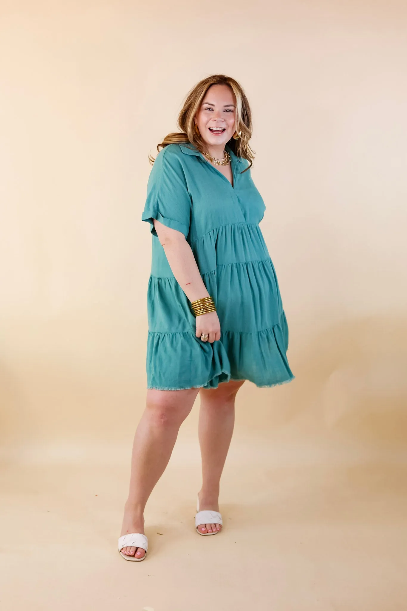 Last Chance Size Small, Large & 1XL | Taos Transitions Ruffle Tiered Collared Dress with Frayed Hem in Turquoise
