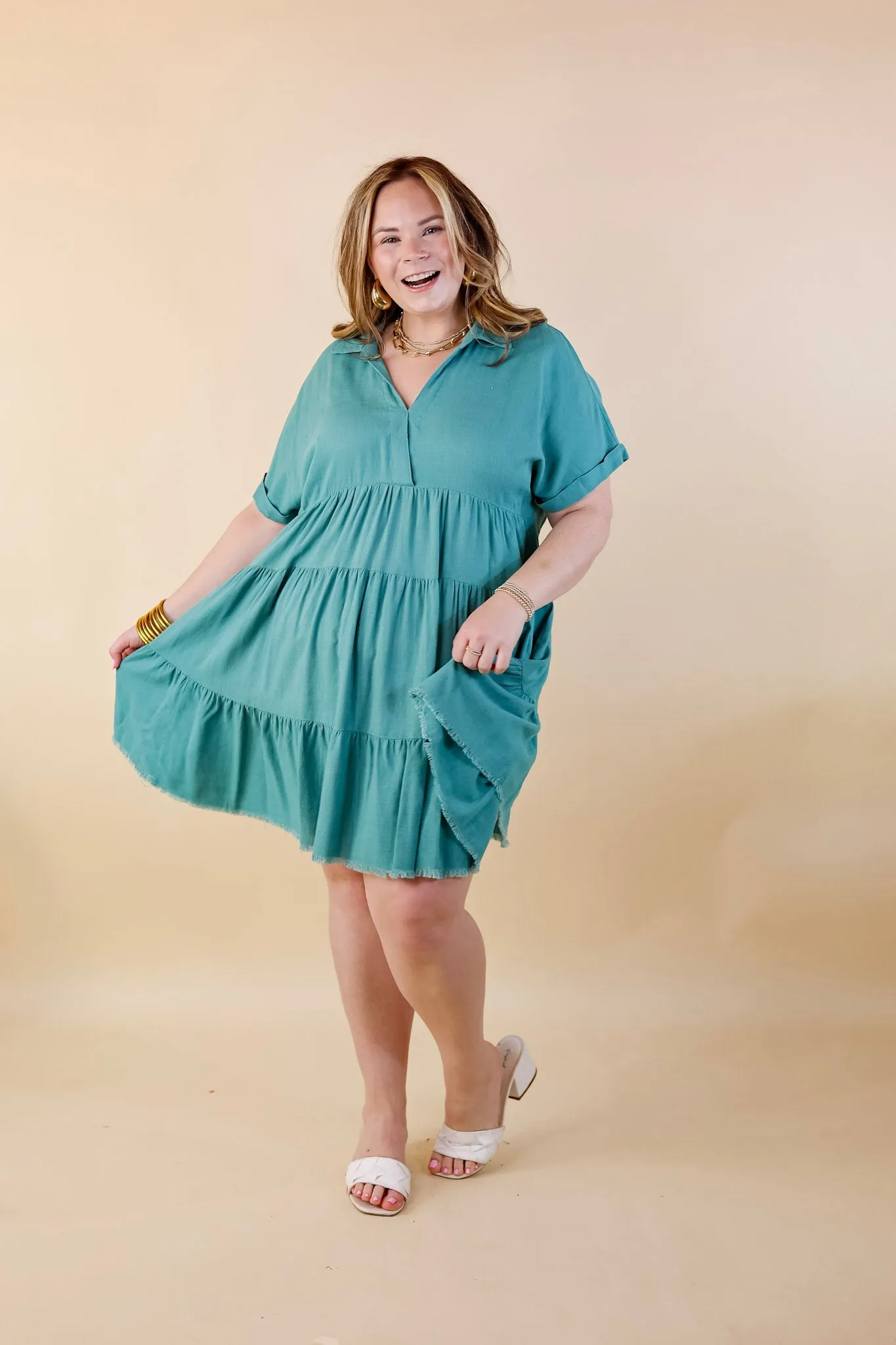 Last Chance Size Small, Large & 1XL | Taos Transitions Ruffle Tiered Collared Dress with Frayed Hem in Turquoise