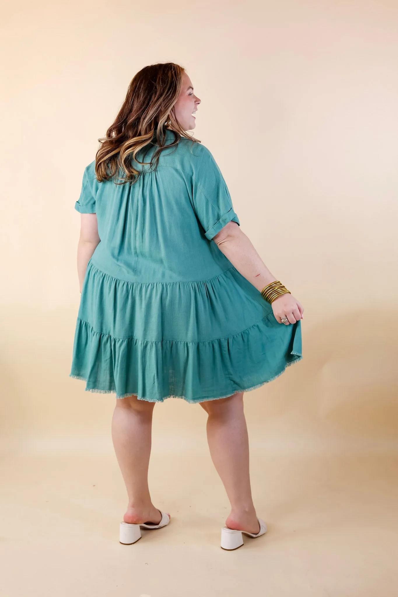 Last Chance Size Small, Large & 1XL | Taos Transitions Ruffle Tiered Collared Dress with Frayed Hem in Turquoise