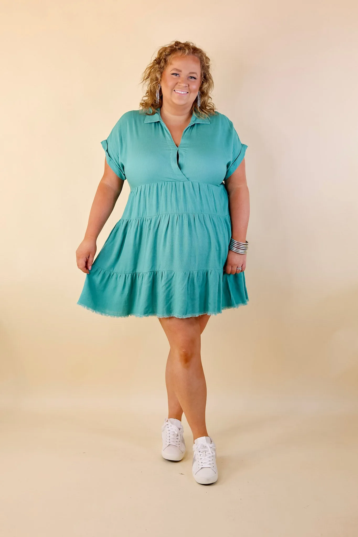 Last Chance Size Small, Large & 1XL | Taos Transitions Ruffle Tiered Collared Dress with Frayed Hem in Turquoise