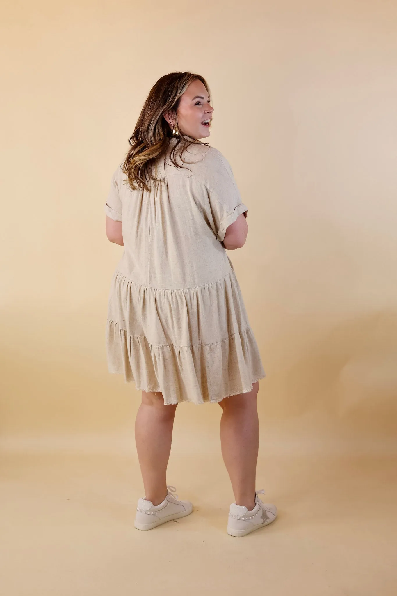 Last Chance Size Small, Medium & XL | Taos Transitions Ruffle Tiered Collared Dress with Frayed Hem in Beige
