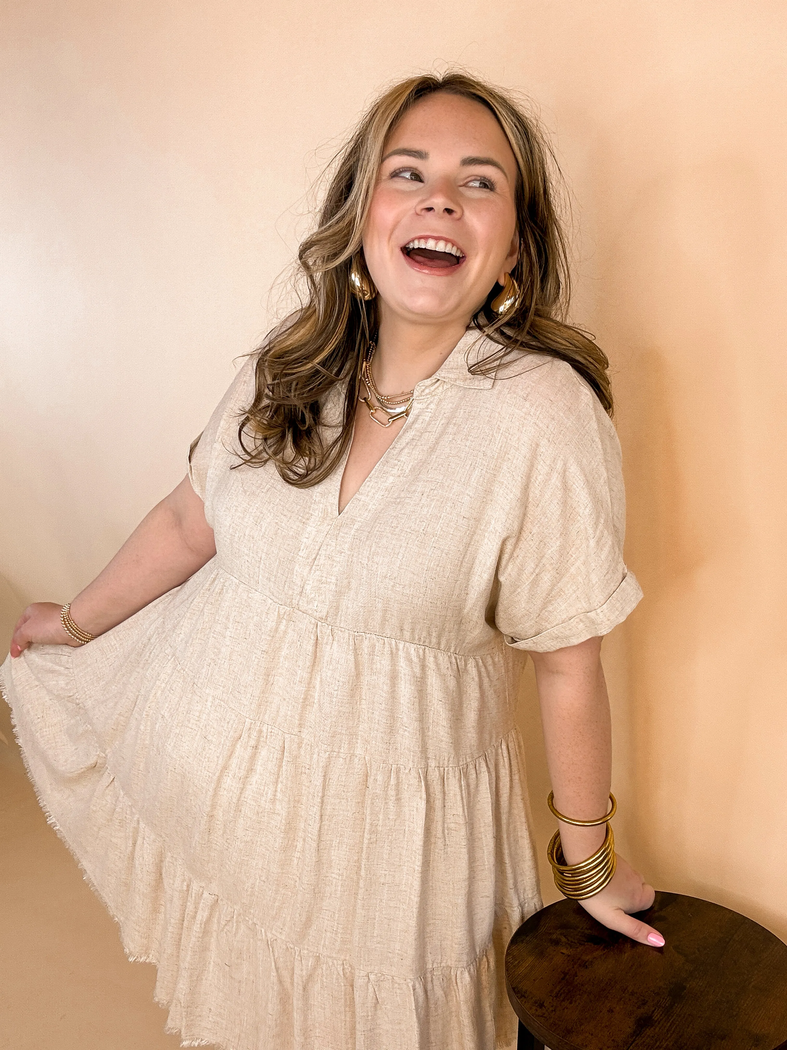 Last Chance Size Small, Medium & XL | Taos Transitions Ruffle Tiered Collared Dress with Frayed Hem in Beige