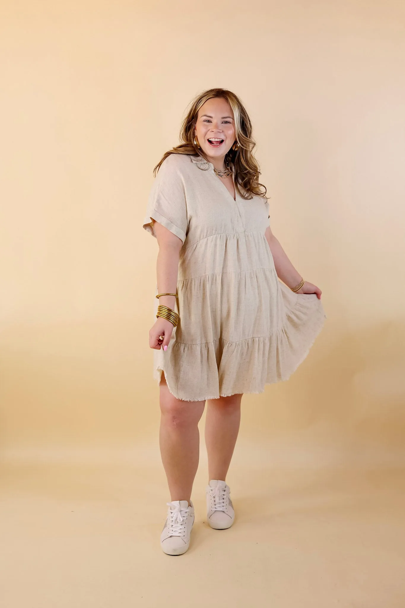 Last Chance Size Small, Medium & XL | Taos Transitions Ruffle Tiered Collared Dress with Frayed Hem in Beige