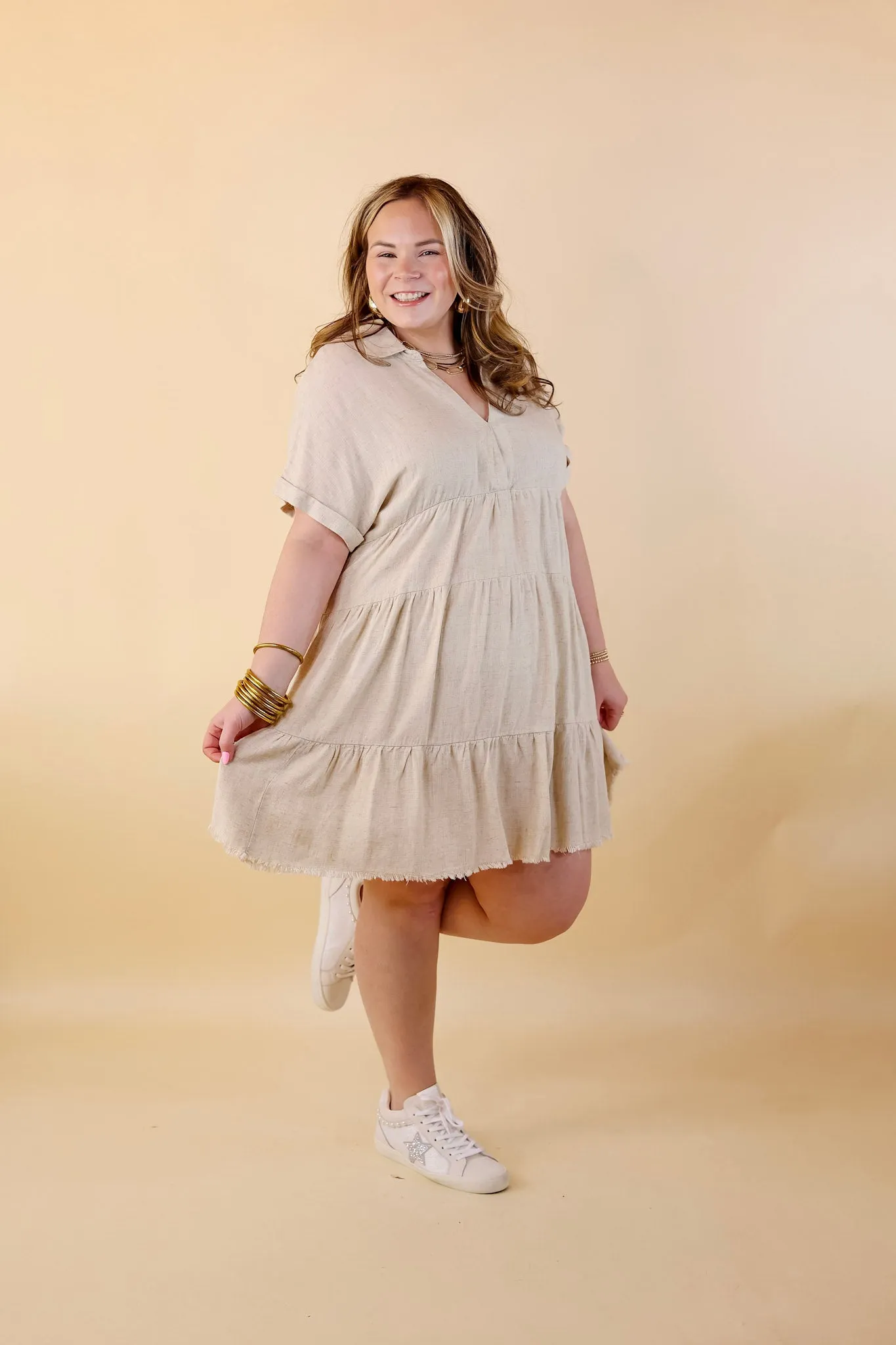 Last Chance Size Small, Medium & XL | Taos Transitions Ruffle Tiered Collared Dress with Frayed Hem in Beige