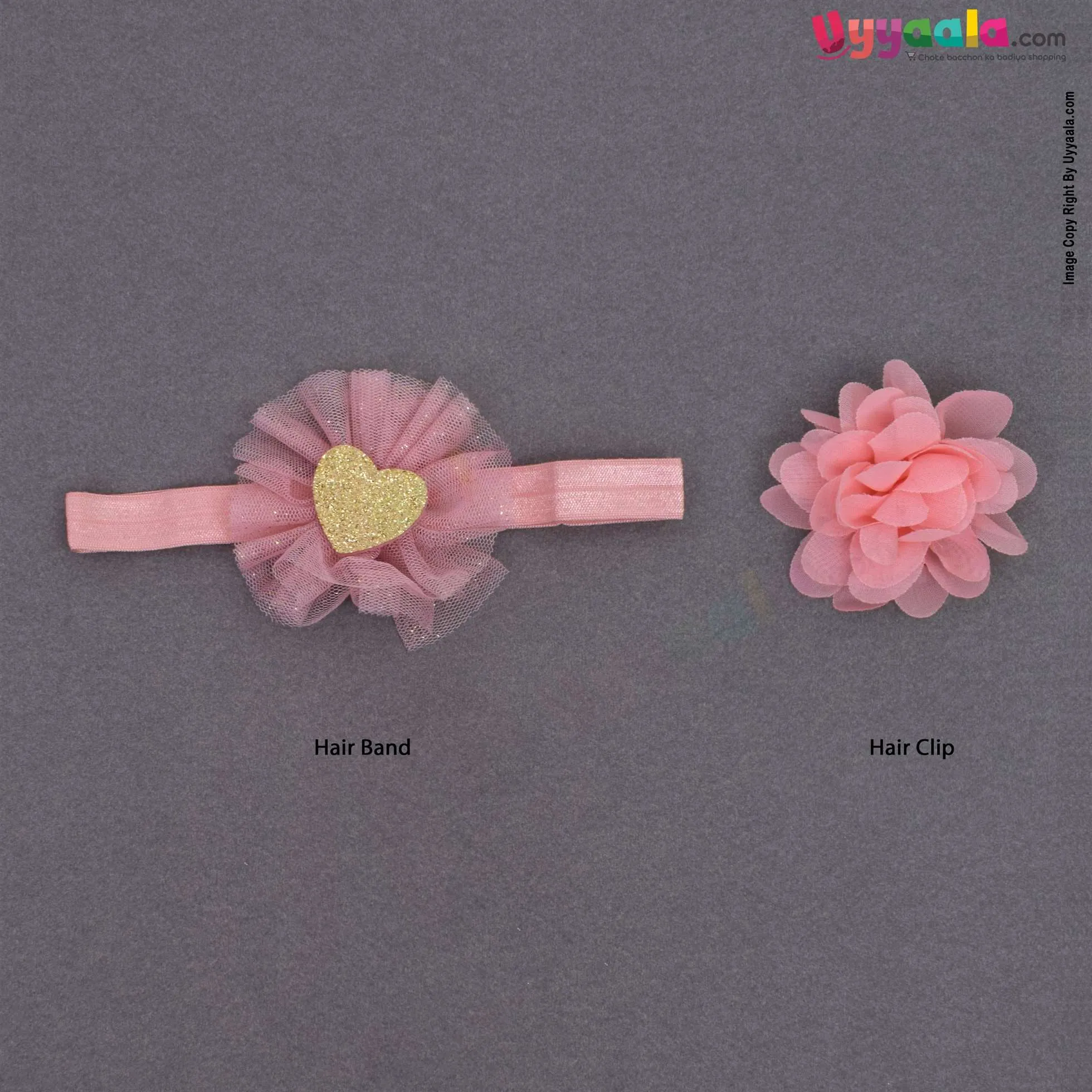 LION BEAR Headwrap, flower bow clip & booties set (3 pcs) for babies - pink, 0 - 12 m