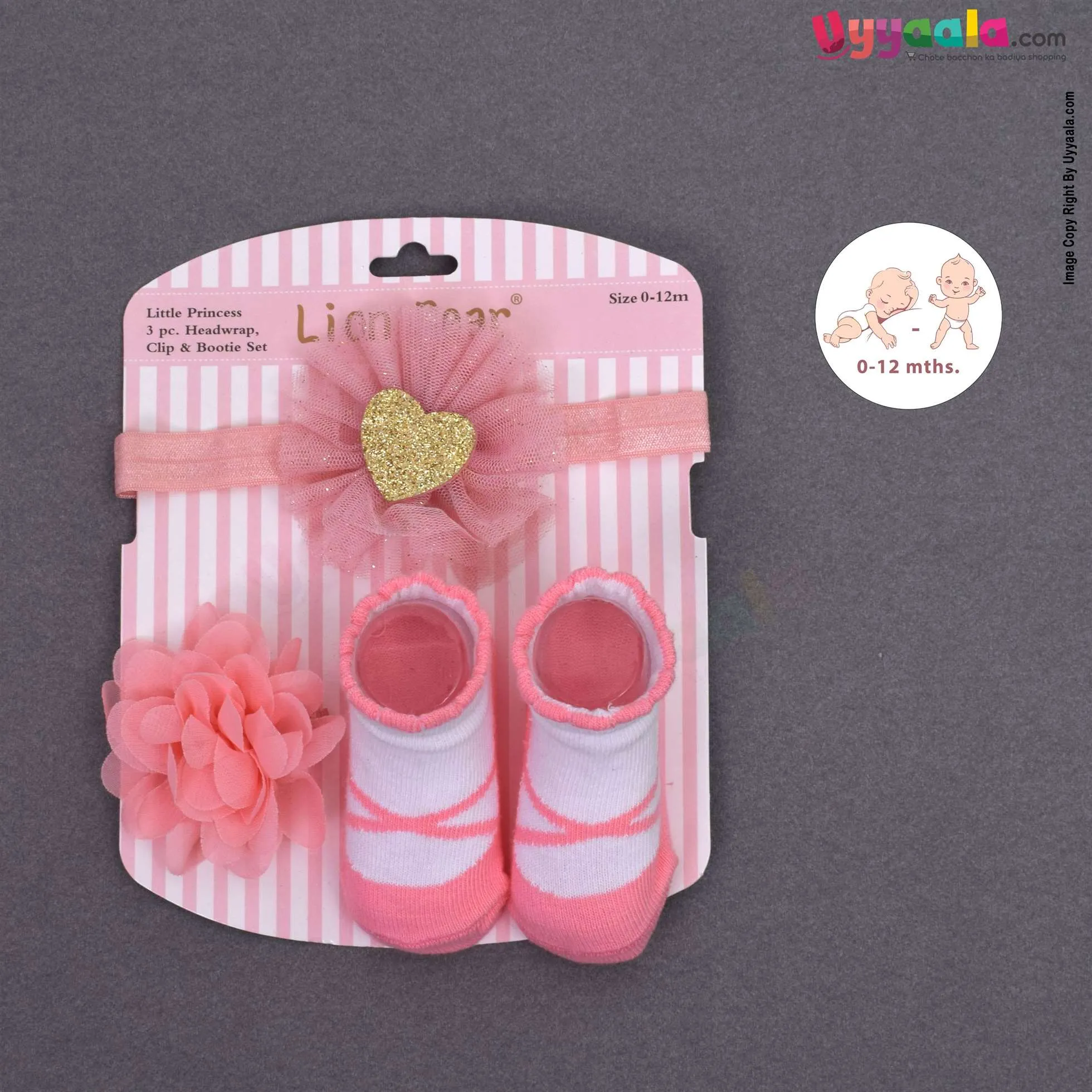 LION BEAR Headwrap, flower bow clip & booties set (3 pcs) for babies - pink, 0 - 12 m