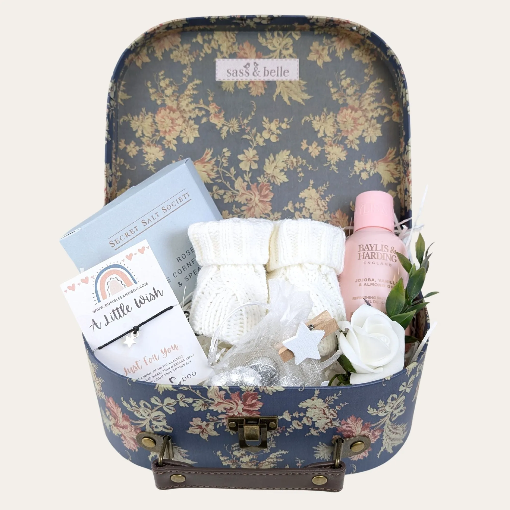 New Mum Pamper Hamper, Mini Treat Trunk, Baby Booties & Bracelet