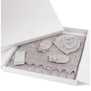 Newborn Baby Wool Shawl, Hat & Mitten Gift Set - Grey Marl