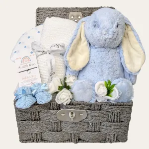 Personalised Baby Boy Gift Hamper Bunny, Blanket & Booties