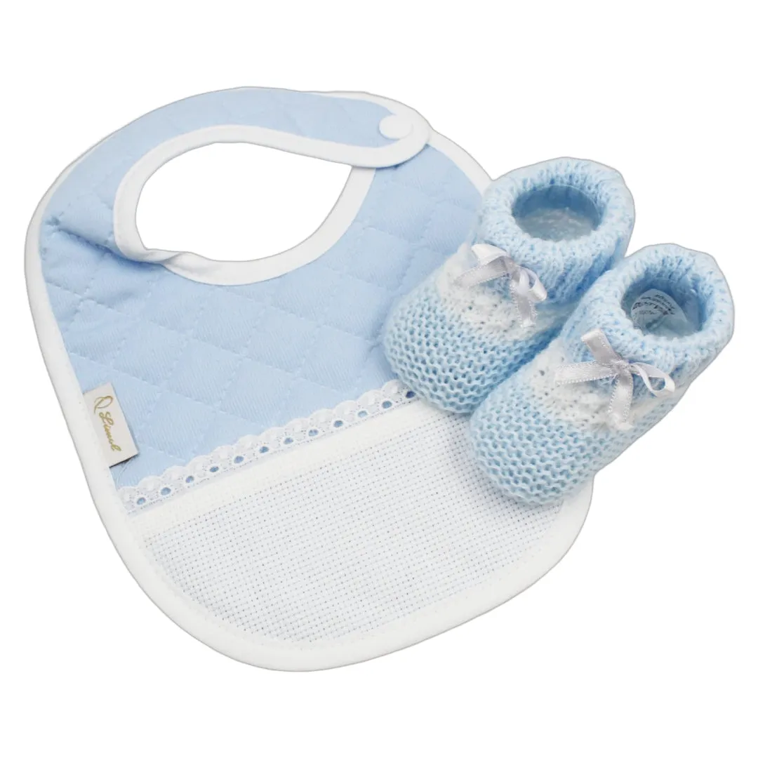Portuguese Unisex Blue Baby Classic Snap Closure Cross Stitch Bib and Booties Set