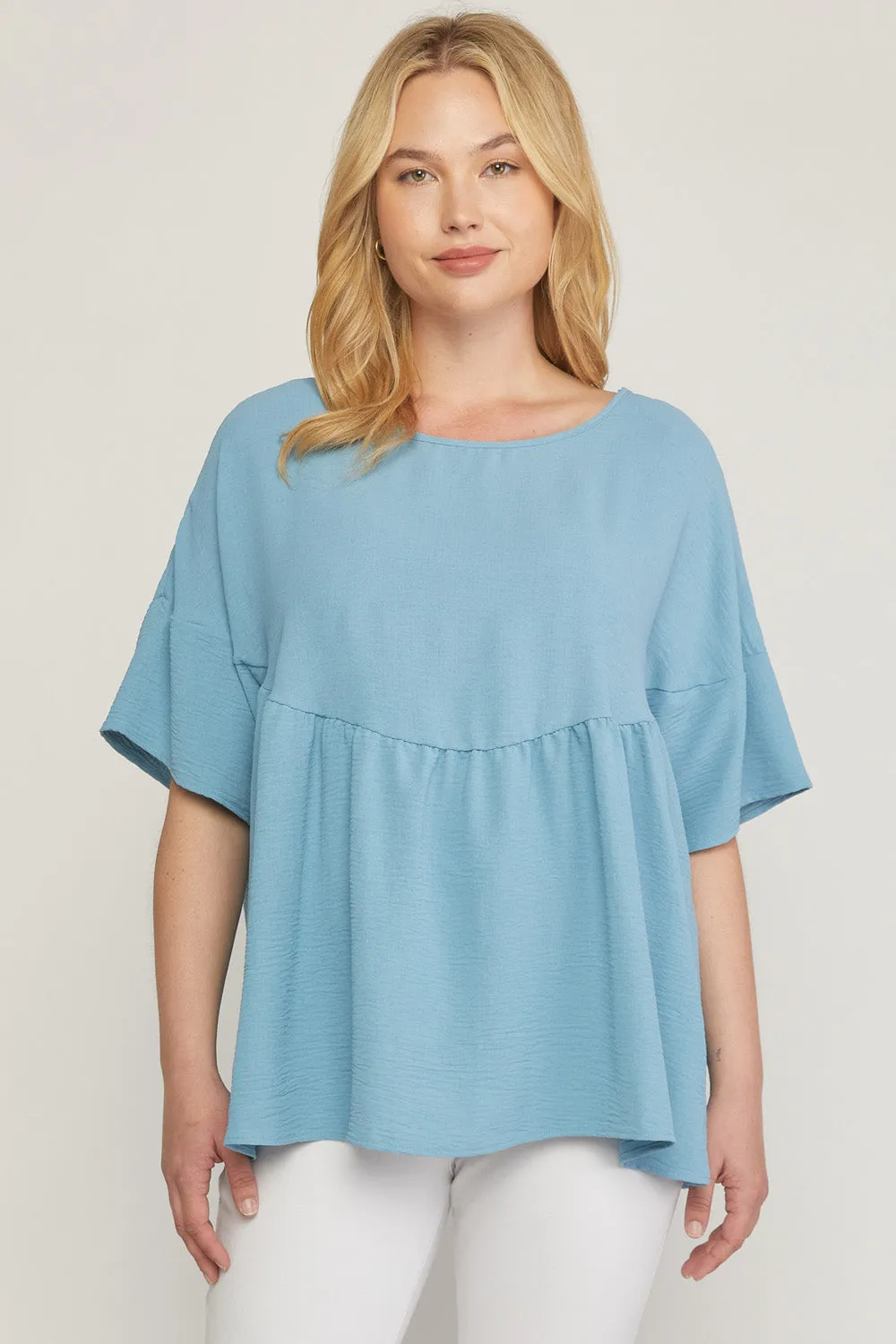 Round Neck Babydoll Top, Blue