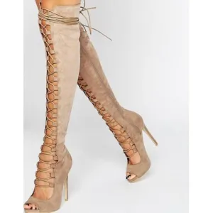 Suede Peep Toe Cutout Strap High Heel Knee High Sandals