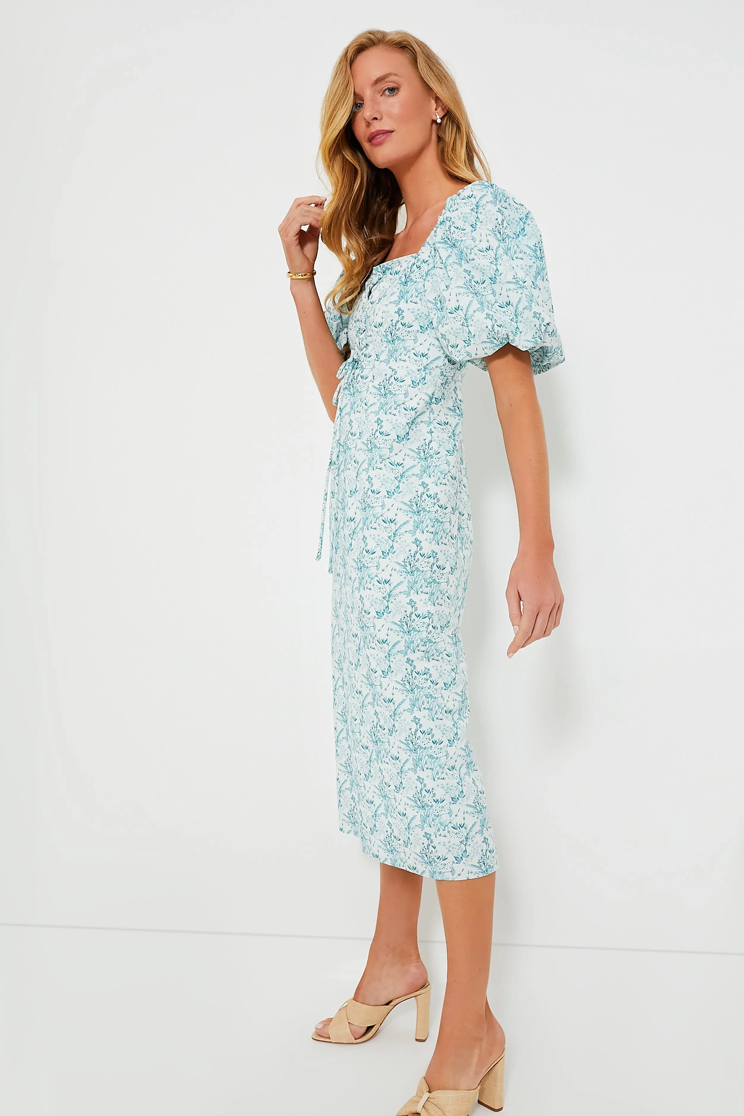 Teal Floral Lace-Up Lila Midi Dress