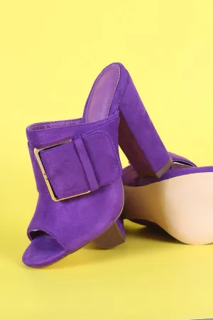 Vegan Suede Buckle Open Toe Chunky Mule Heel