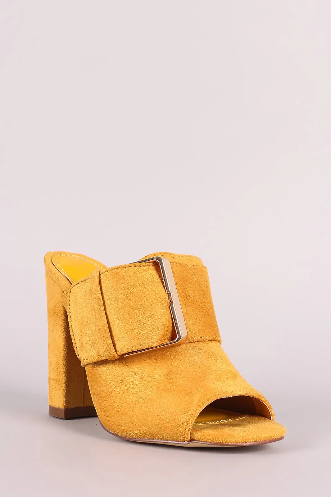 Vegan Suede Buckle Open Toe Chunky Mule Heel