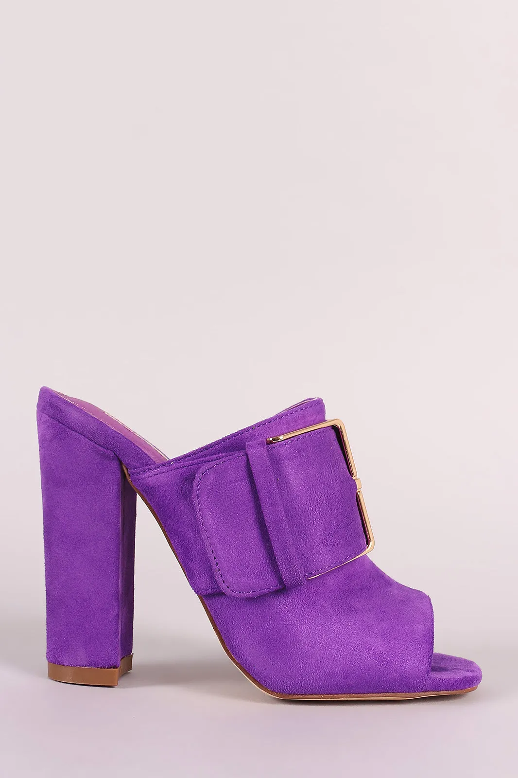 Vegan Suede Buckle Open Toe Chunky Mule Heel