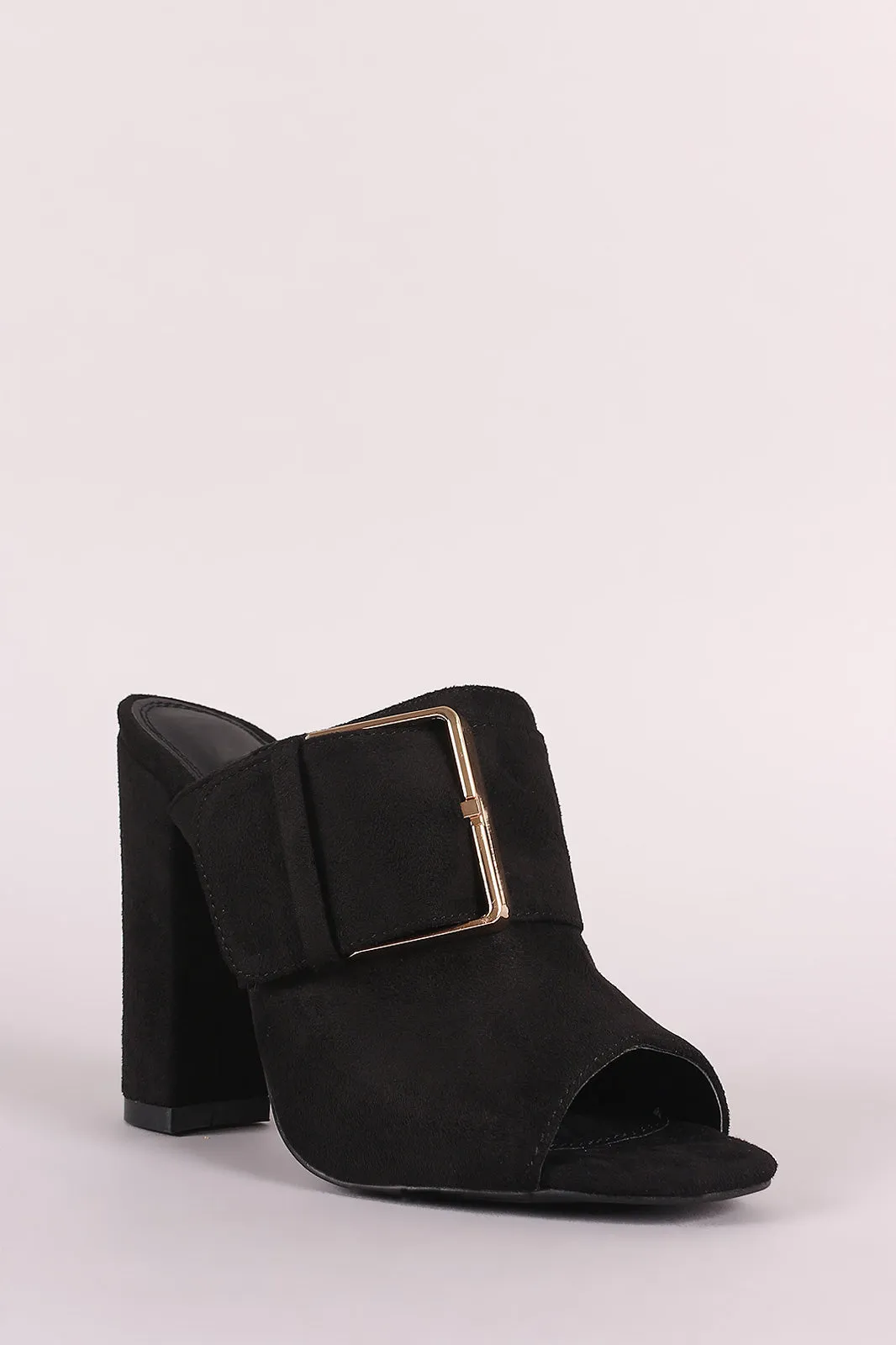 Vegan Suede Buckle Open Toe Chunky Mule Heel