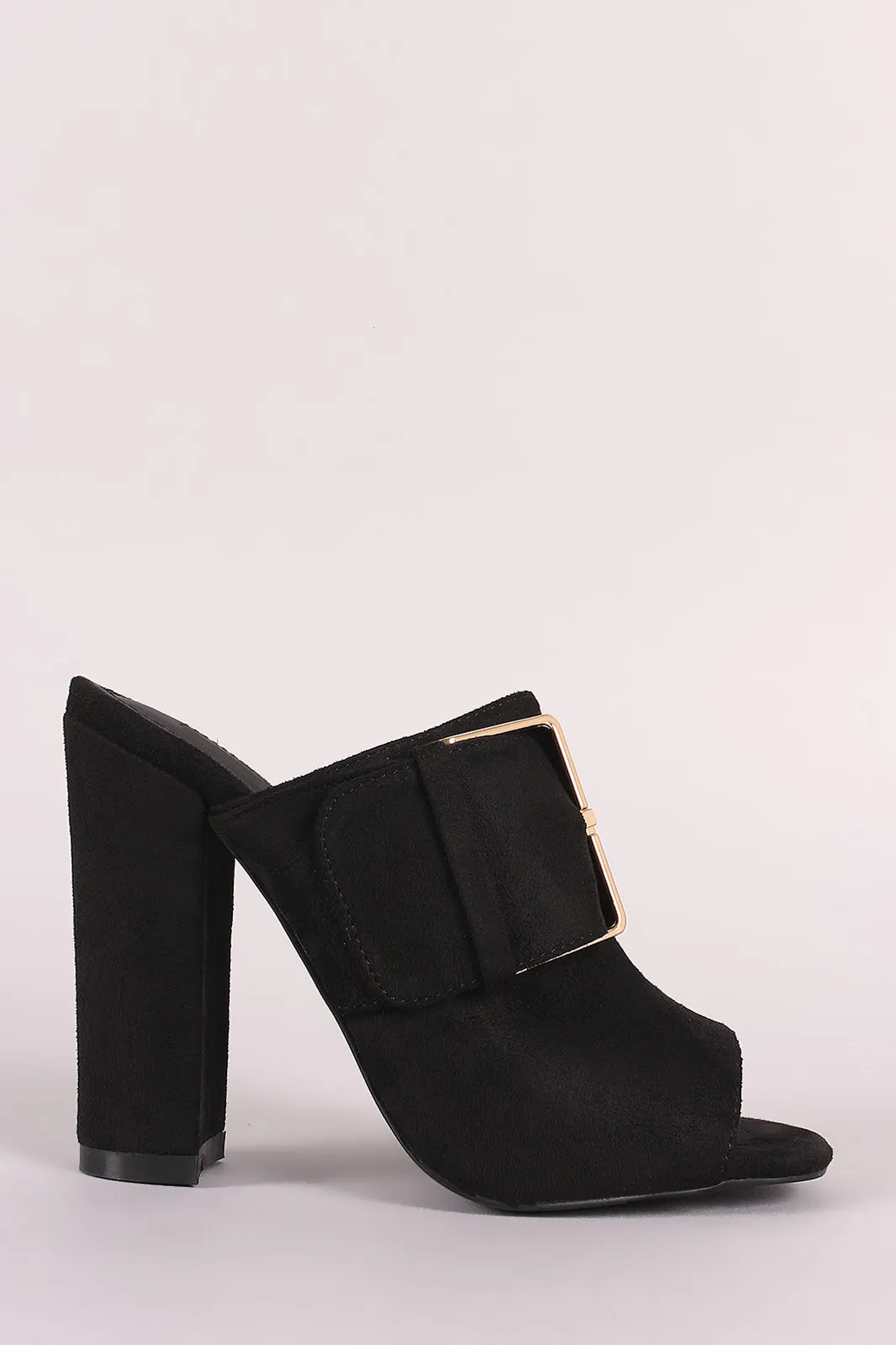 Vegan Suede Buckle Open Toe Chunky Mule Heel