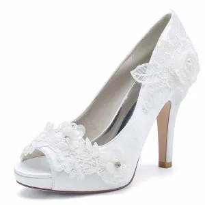 Wedding Shoes Peep Toe Stiletto Lace Satin Bridal Heels