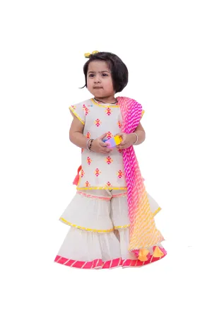 White multi color booties kurti with sharara and leheriya dupatta