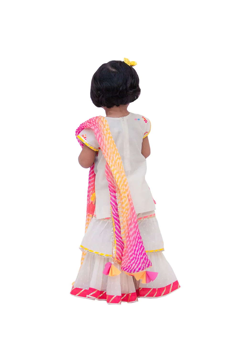 White multi color booties kurti with sharara and leheriya dupatta