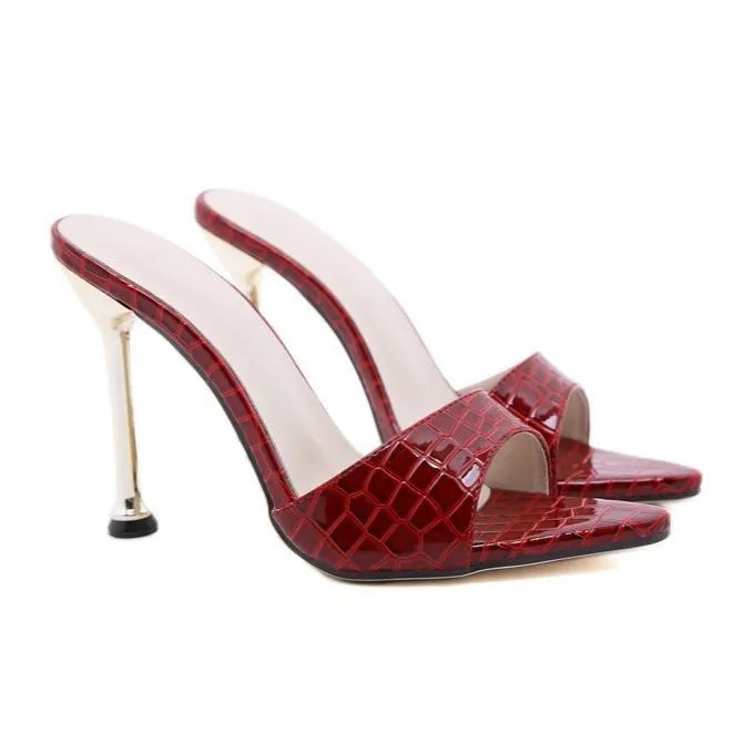 Women pointed peep toe snakeskin summer slide metal stiletto heels