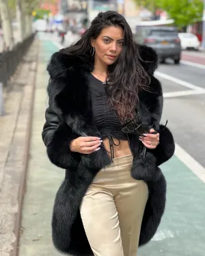 WOMEN SHEARLING- BLACK LONG LENGTH WITH BLACK FOX FUR