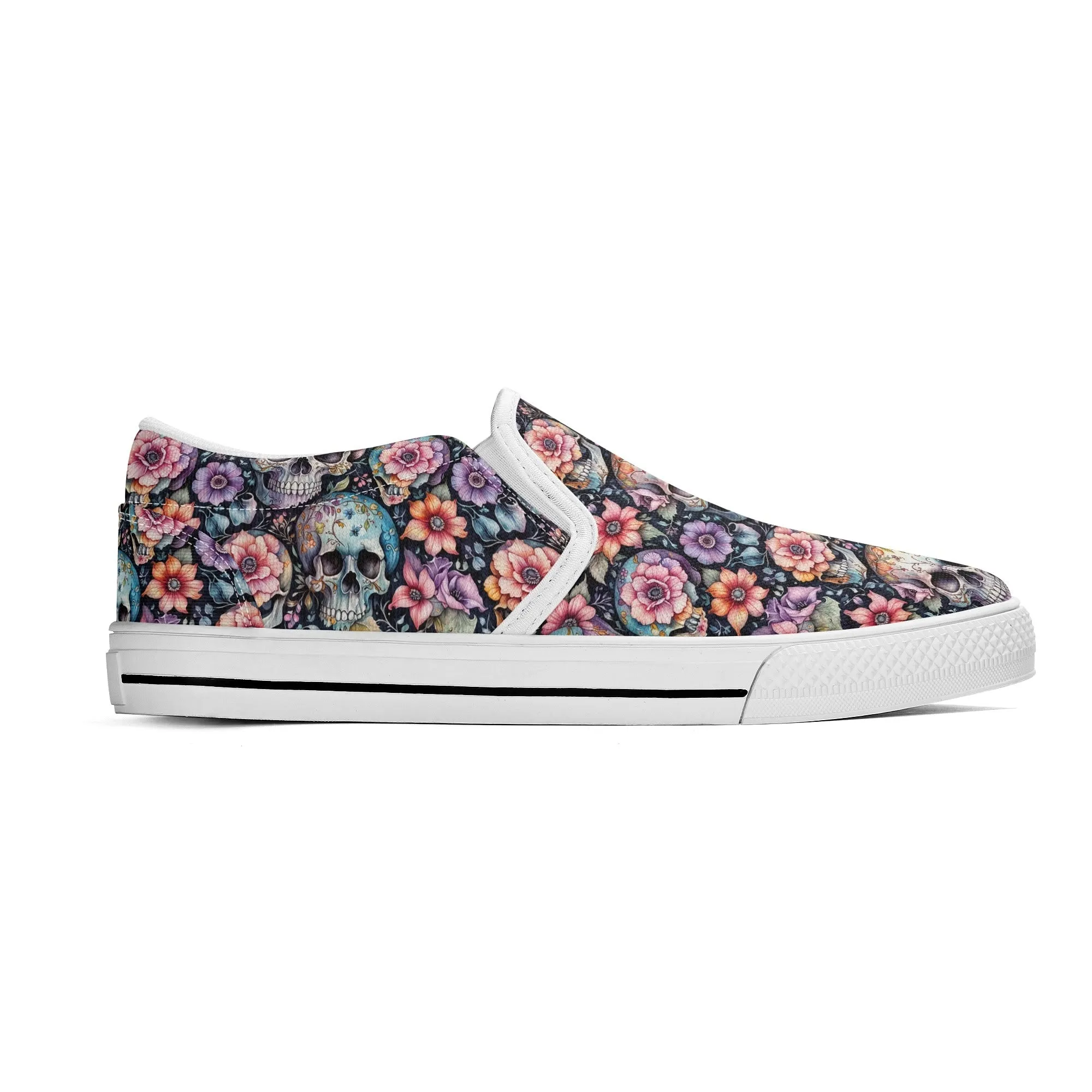 Womens Pastel Floral and Skulls Rubber Slip On Shoes