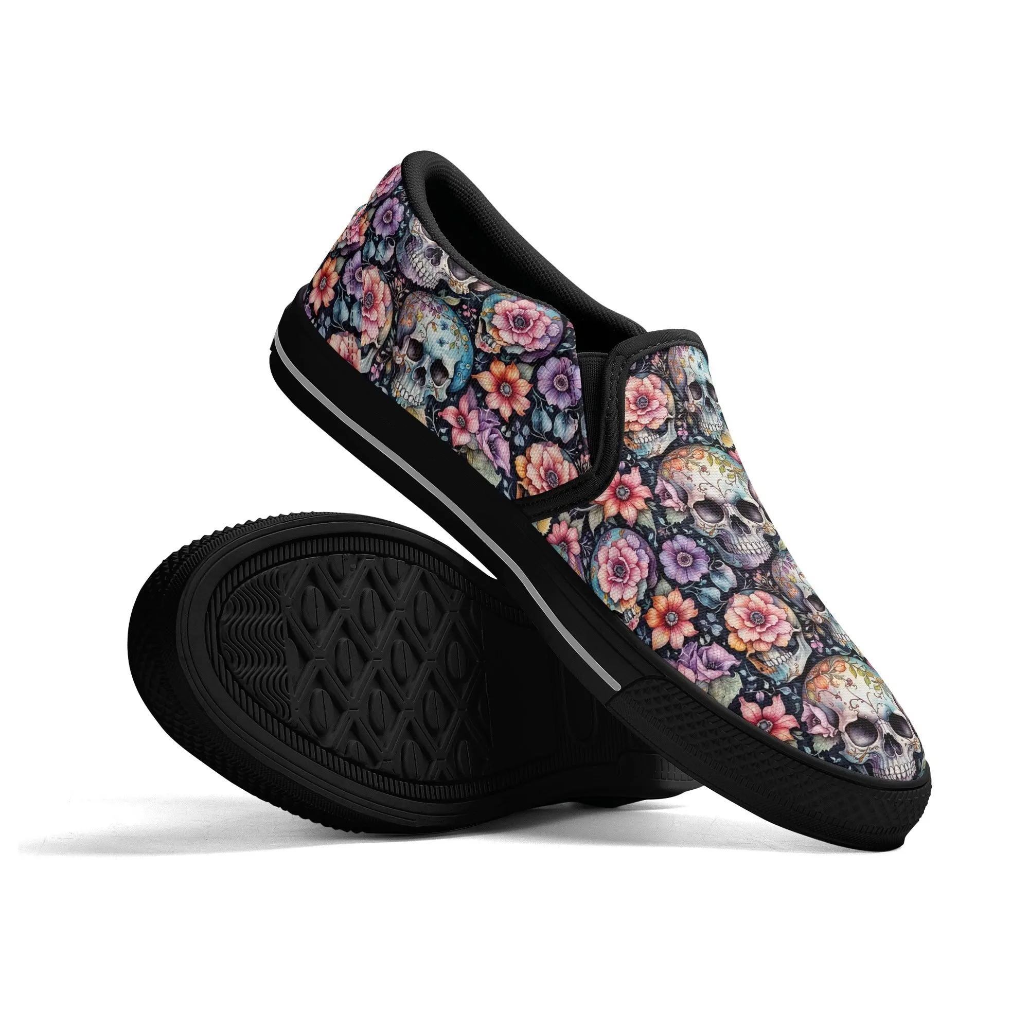 Womens Pastel Floral and Skulls Rubber Slip On Shoes
