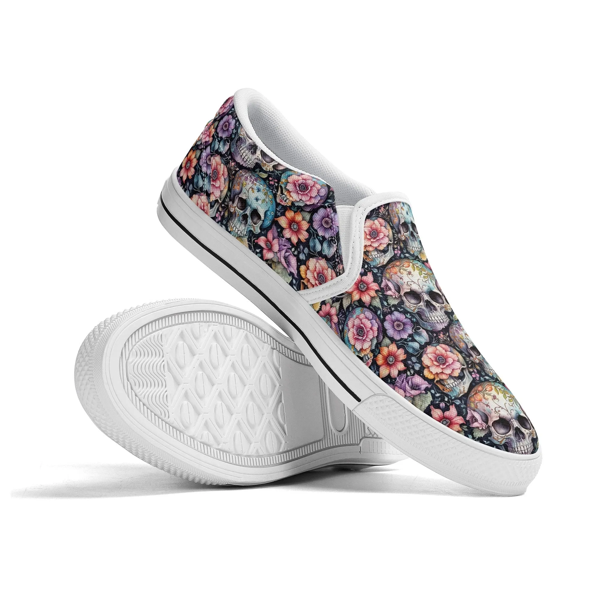 Womens Pastel Floral and Skulls Rubber Slip On Shoes